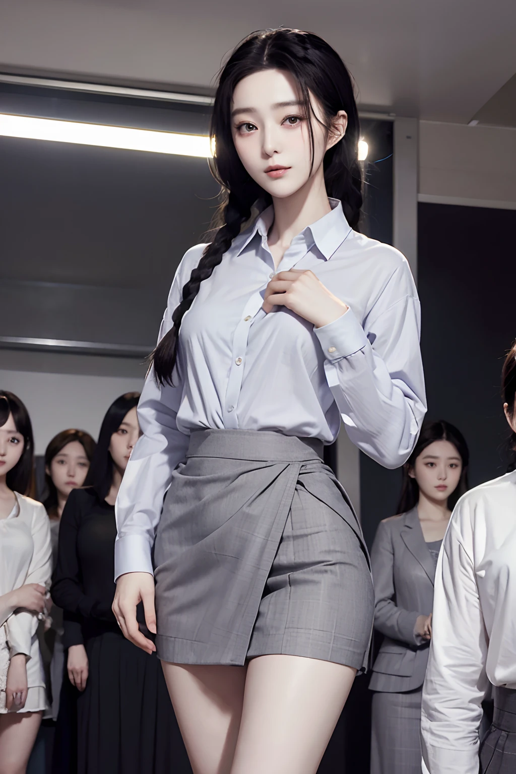 masutepiece, Best Quality, Braids、Five girls in the classroom,(5 people standing:1.2),Standing,20s, Looking at Viewer,l Group shot, harems,nffsw,Underwear,(pantiy),Realistic,OL pose,(Gray suit and black shirt) ,(Gray tight skirt),(Looking back, ass grab:0.9),(Beautiful eyes:1.3),frombelow,From below,Kinney,(skinny:1.2) ,thick-eyed thighs, Long body, novel illustration,(Smelly eyes:0.5),closed curtains,(shirts lift,lifted by self:1.5) ,Dark Persona.Skirt lift front,(Panties:1.3),