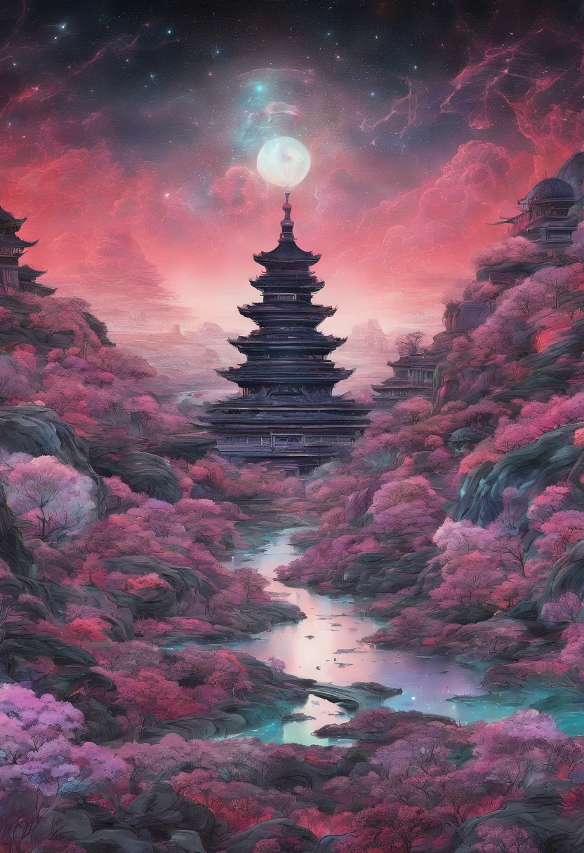 Field with beautiful flowers (close-up cleavage), meditate, Zazen, A meditative (Chinese landscape painting), (ink and watercolor painting), (8k wallpaper), (Light and Shadow Effect), rendering by octane, White balance design, Extremely detailed image representation, Wide angles, depth of fields, masterpiece, realistic, beautifully portrayed, a detailed, accurate, Masterpieces, masterpiece”