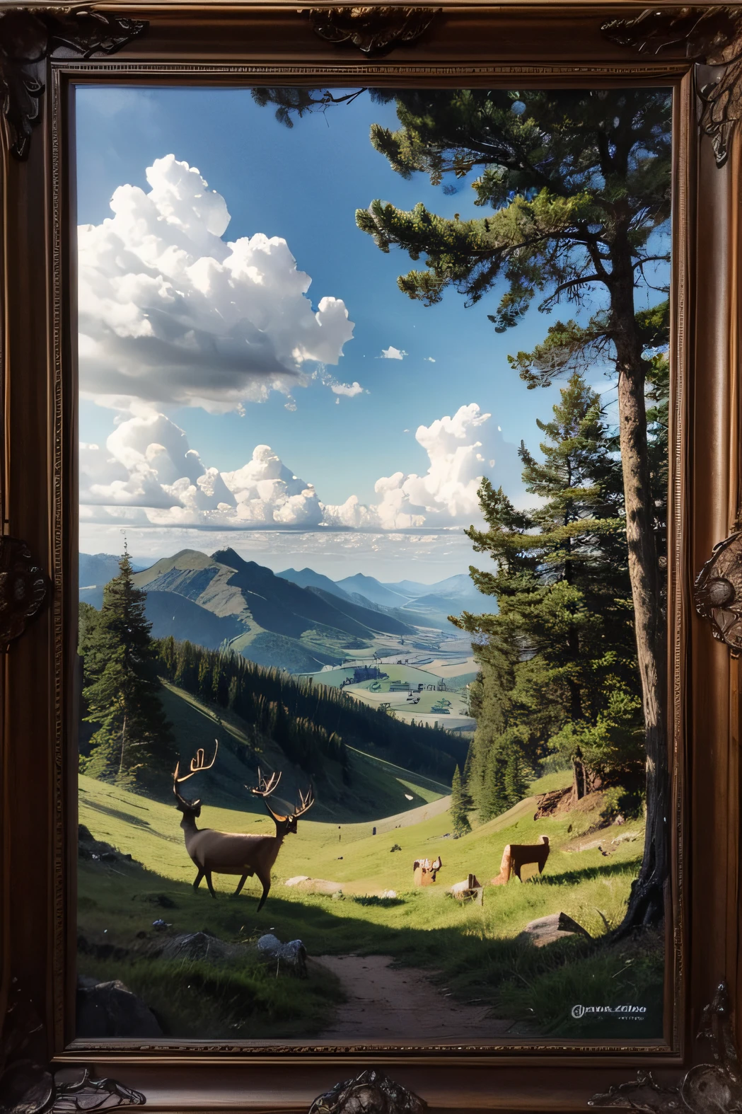 landscape with deer in the trees with big horns, in the sky flying few birds