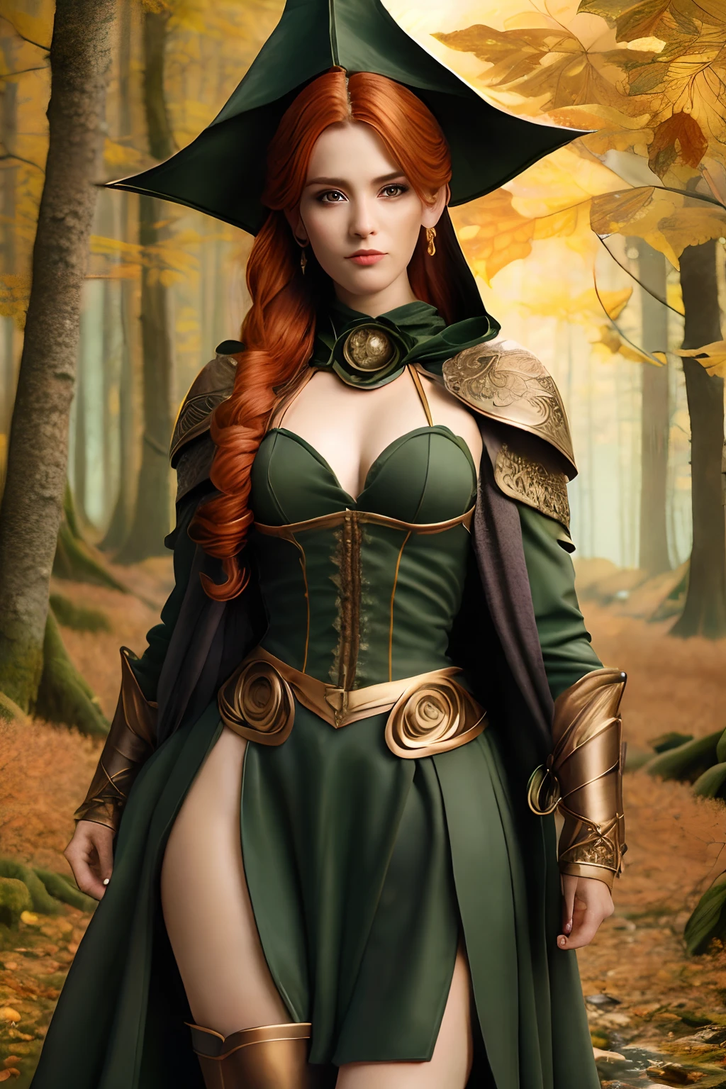Masterpiece, high details, best quality, 8k, [ultra detailed], masterpiece, best quality, (extremely detailed), dynamic angle, ultra wide shot, RAW, photorealistic, fantasy art, dnd art, rpg art, realistic art, a wide angle picture of a female fairie ranger, warrior of nature, fighter of nature, full body, [[anatomically correct]]. dynamic position (1.5 intricate details, Masterpiece, best quality) standing and talking to a fox, red fox, fantasy style, smoothlight (1.6 intricate details, Masterpiece, best quality) in forest (1.5 intricate details, Masterpiece, best quality), a female wearing hooded royal green cape (modest dark green skirt with corset top) with thigh high green leather boots (1.4 intricate details, Masterpiece, best quality), thick hair, long hair, auburn red hair, fair skin intense (brown) eyes, forest background (intense details), a stream flowing in the background (1.4 intricate details, Masterpiece, best quality), dawn light, clouds (1.4 intricate details, Masterpiece, best quality), dynamic angle, (1.4 intricate details, Masterpiece, best quality) 3D rendering, high details, best quality, highres, ultra wide angle, Celtic fantasy, clover, poison ivy, fae, (goddess of mischief), green magic, wearing green tophat, pixie, fairy, Celtic, Autumn, beautiful autumn spirit, fall season, (Dark colored roses), perfect creation, perfect art, highly detailed, detailed art, masterpiece, perfect creation, perfect art, (outlined iris), (perfect eyes), (full figure),