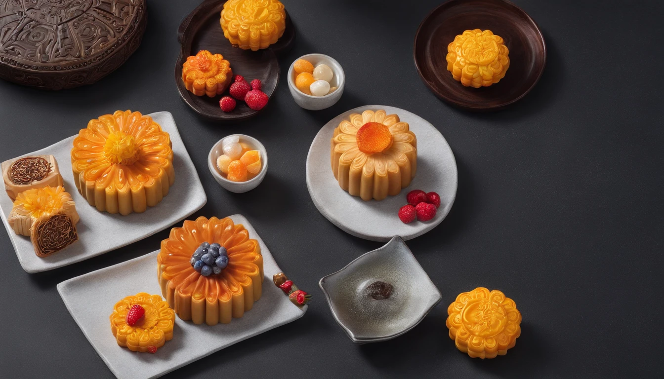 Mid-Autumn Festival, Reunion, full moon, the night, Different kinds of mooncakes，（Cantonese mooncakes）, （Five kernel mooncakes）, teas, the fruits, edgBunny, Chang'e rushes to the moon, symetry, High detail, romanticism lain, Sparkle, god light, Ray tracing, hyper HD, retinas, Masterpiece, ccurate, Super detail, High details, High quality, Best quality, A high resolution, 16k, Anatomically correct