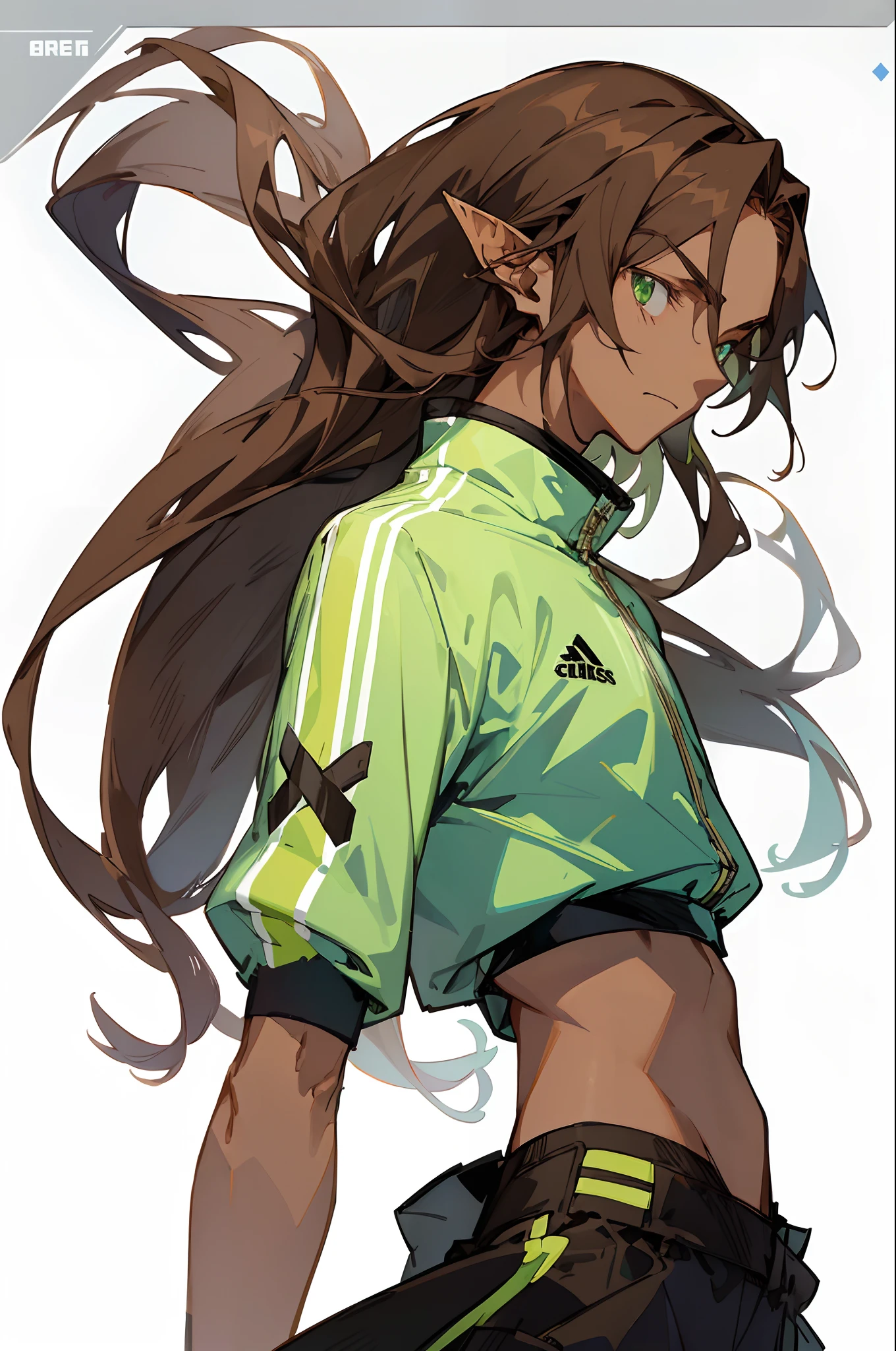 (masterpiece, best quality) detailed, 1man, clothing is a mix of sword art online clothing and a adidas jumpsuit , ((white background)) , ((Beautiful man:1)) , ((Dark skin:1.5)) , (( Extremely long hair)) , ((Brown hair)) , ((male:1.4)) , full lips , pastel Green eyes , ((has pointed ears:1)) , ((Crop top:1)) , ((Skinny build)) ,effeminate , age 32