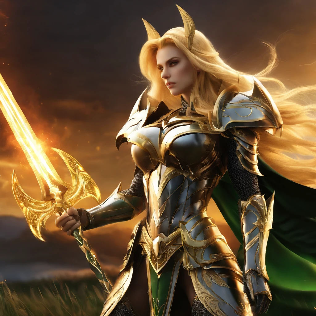 (1girl), wearing a heavy knight armor, dark armor, intricate black and gold armor details, intricate beautiful green fields, legendary, futuristic, saint seiya, long blonde hair, muscular, power pose, highly detailed background, fire in the eyes, aura power, highly detailed