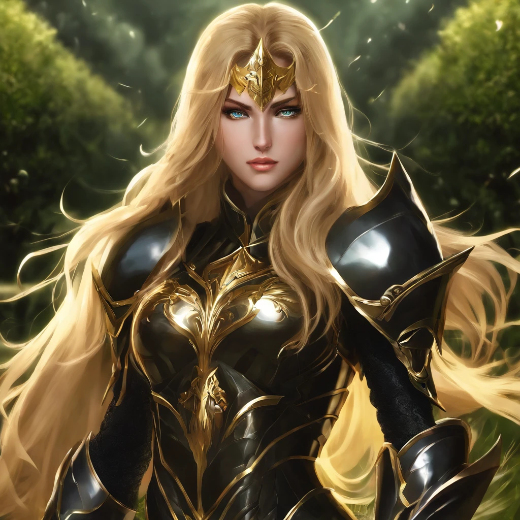 (1girl), wearing a heavy knight armor, dark armor, intricate black and gold armor details, intricate beautiful green fields, legendary, futuristic, saint seiya, long blonde hair, muscular, power pose, highly detailed background, fire in the eyes, aura power, highly detailed