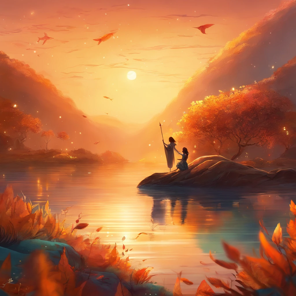 uma , descobre um peixinho olhando para dentro de um lago, o peixe era dourado, the brightest he'd ever seen.havia um peixinho com grandes olhos redondos e um sorriso contagiante, cor dourado ,a beautiful artwork illustration, , adorable digital art, 🍁 Pescador, in illustration style digital, cena quente e bonita, cute illustration, arte digital detalhada bonito, Cyril Rolando e Goro Fujita, ao estilo de Cyril Rolando,