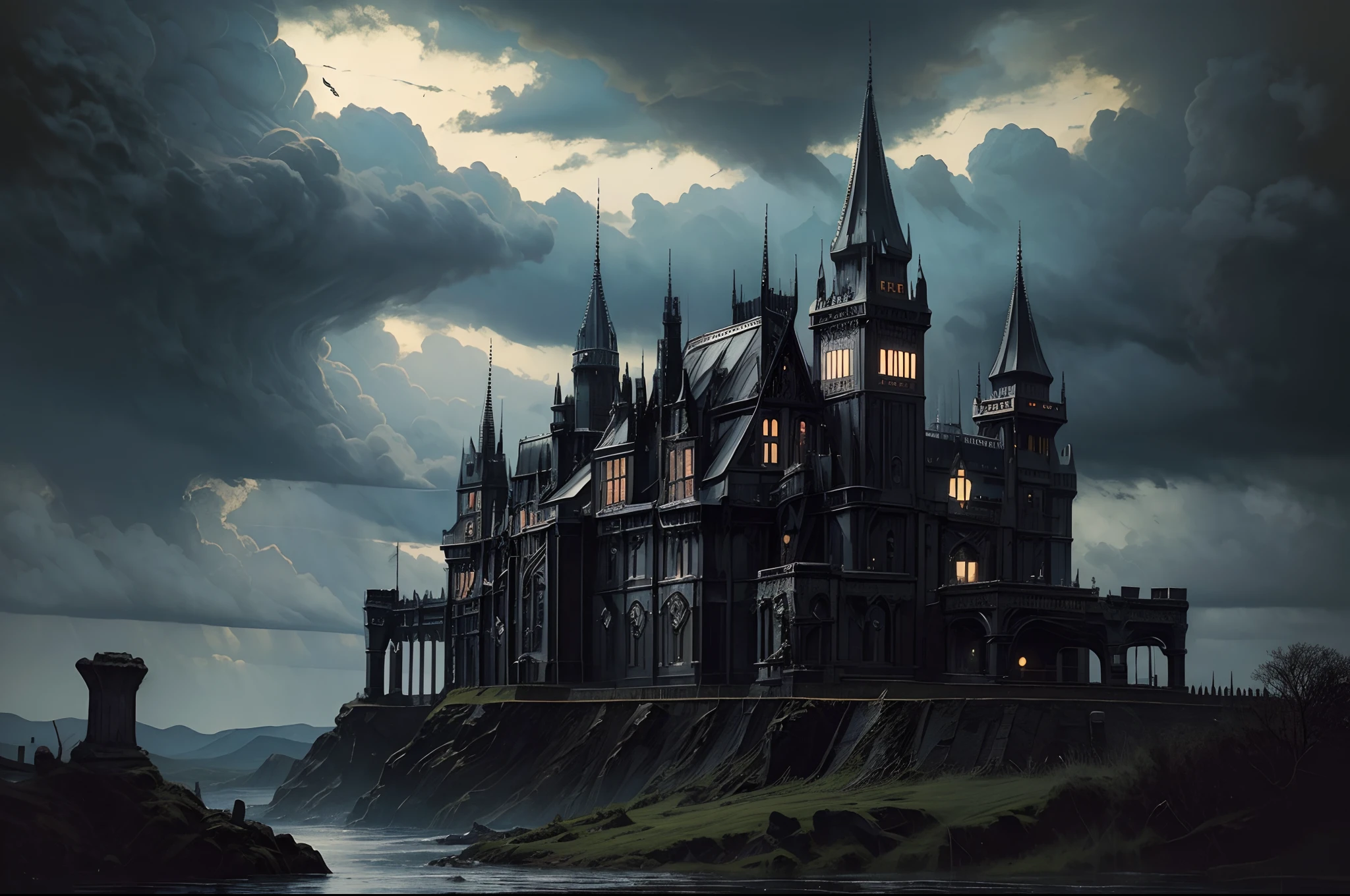 ((nobody)) Vintage Victorian style, Precise old encyclopedia (best quality:1.2), (detailed:1.2), (masterpiece:1.2), ((vintage illustrations of a black clouds rainy sky, dramatic lighting)) ((black castle)) ((gothic castle)) Light Particles, with light glowing,