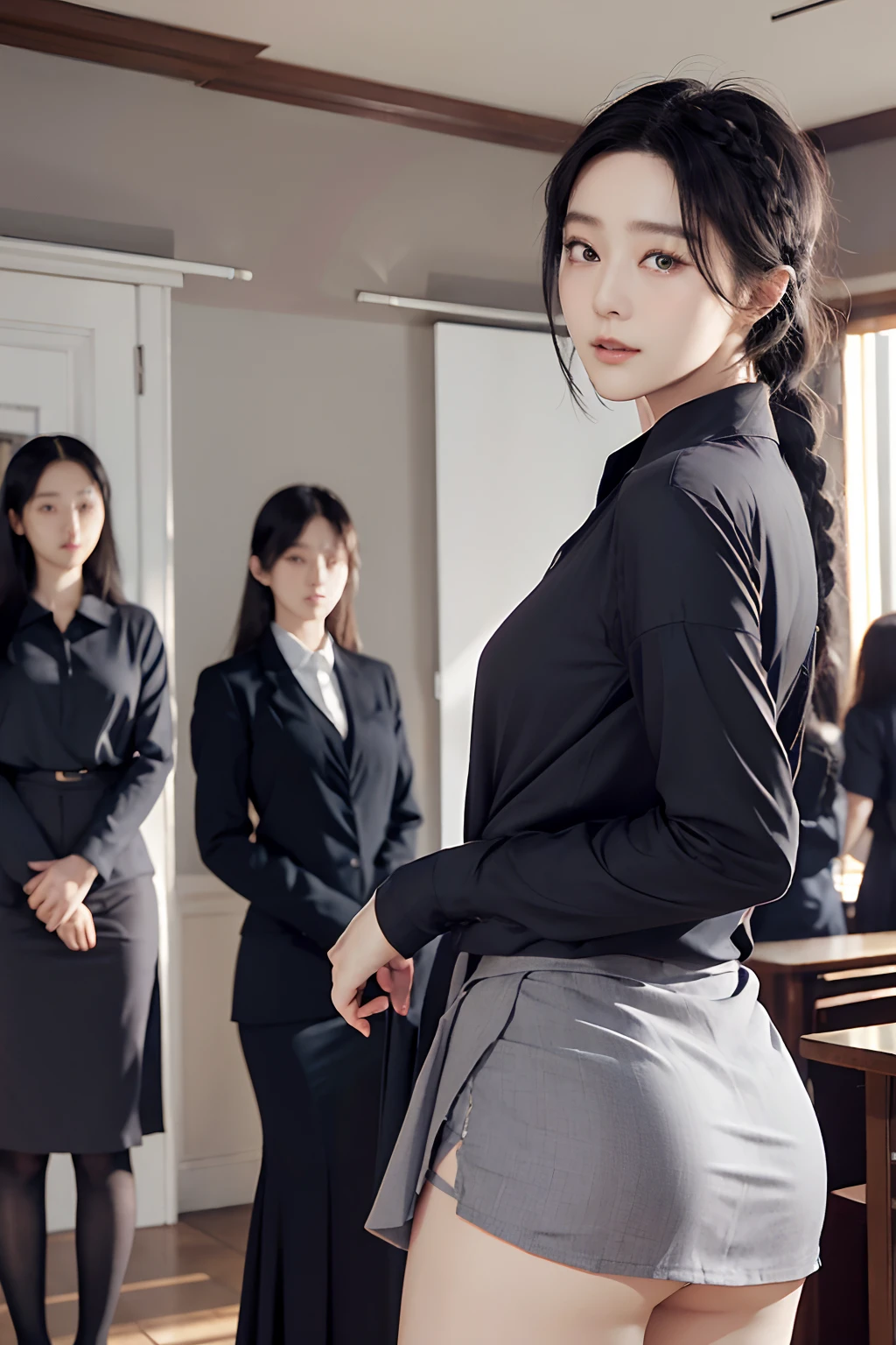 masutepiece, Best Quality, Braids、Five girls in the classroom,(5 people standing:1.2),Standing,20s, Looking at Viewer,l Group shot, harems,nffsw,Underwear,(pantiy),Realistic,OL pose,(Gray suit and black shirt) ,(Gray tight skirt),(Looking back, ass grab:0.9),(Beautiful eyes:1.3),frombelow,From below,Kinney,(skinny:1.2) ,thick-eyed thighs, Long body, novel illustration,(Smelly eyes:0.5),closed curtains,(shirts lift,lifted by self:1.5) ,Dark Persona.Skirt lift front,(Panties:1.3),