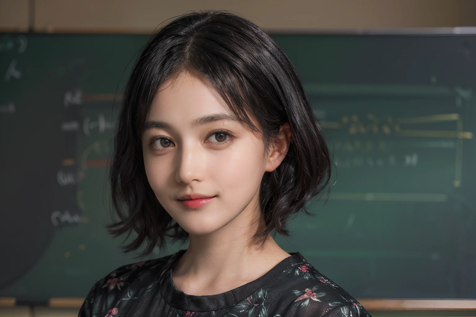 (((Black Shorthair:1.2))),  (a 20 yo woman), (T-shirt design), (Floral clothing), (Breast bulge),((Being in the physics classroom)),  (A hyper-realistic), (Relaxed), (Increased resolution), (8KUHD), (Extremely detailed), (Best Illustration), (Beautiful and detailed eyes), (Best Quality), (ultra-detailliert), (masutepiece ), ( Wallpaper), (Detailed face), Fine details,  Deep Shadows, lowkey,  Smiling,  (Portrait of Einstein), (Portraits of many physicists), (Solving the formula on the blackboard)