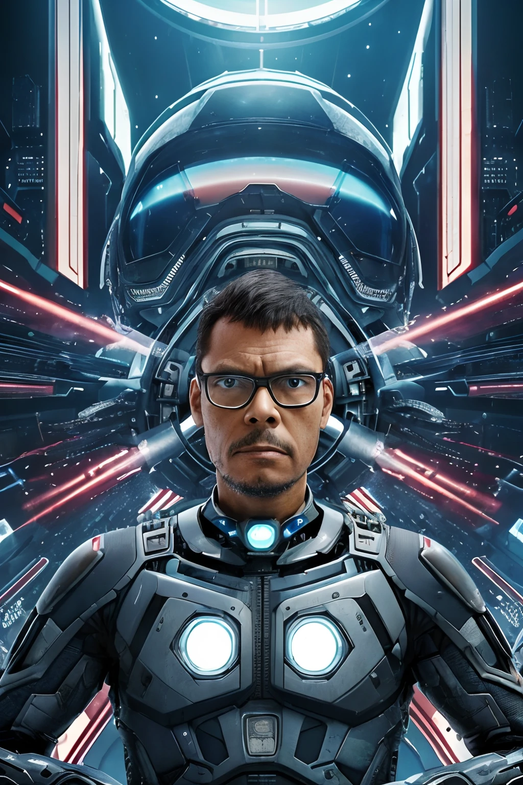 guttonerdvision10, Cyberwar style: a man wearing glasses, wearing a worn mecha suit. His face has cybernetic implants and wires that enter his skull and a piece of his brain is exposed. Half-body photography, realistic, android style, futuristic scenario with background blur. (((intricate details))) (((best quality))) (((extreme detail quality))) (((complex composition))). Some artists in this style are: Masamune Shirow, H.R. Giger, simon stålenhag.