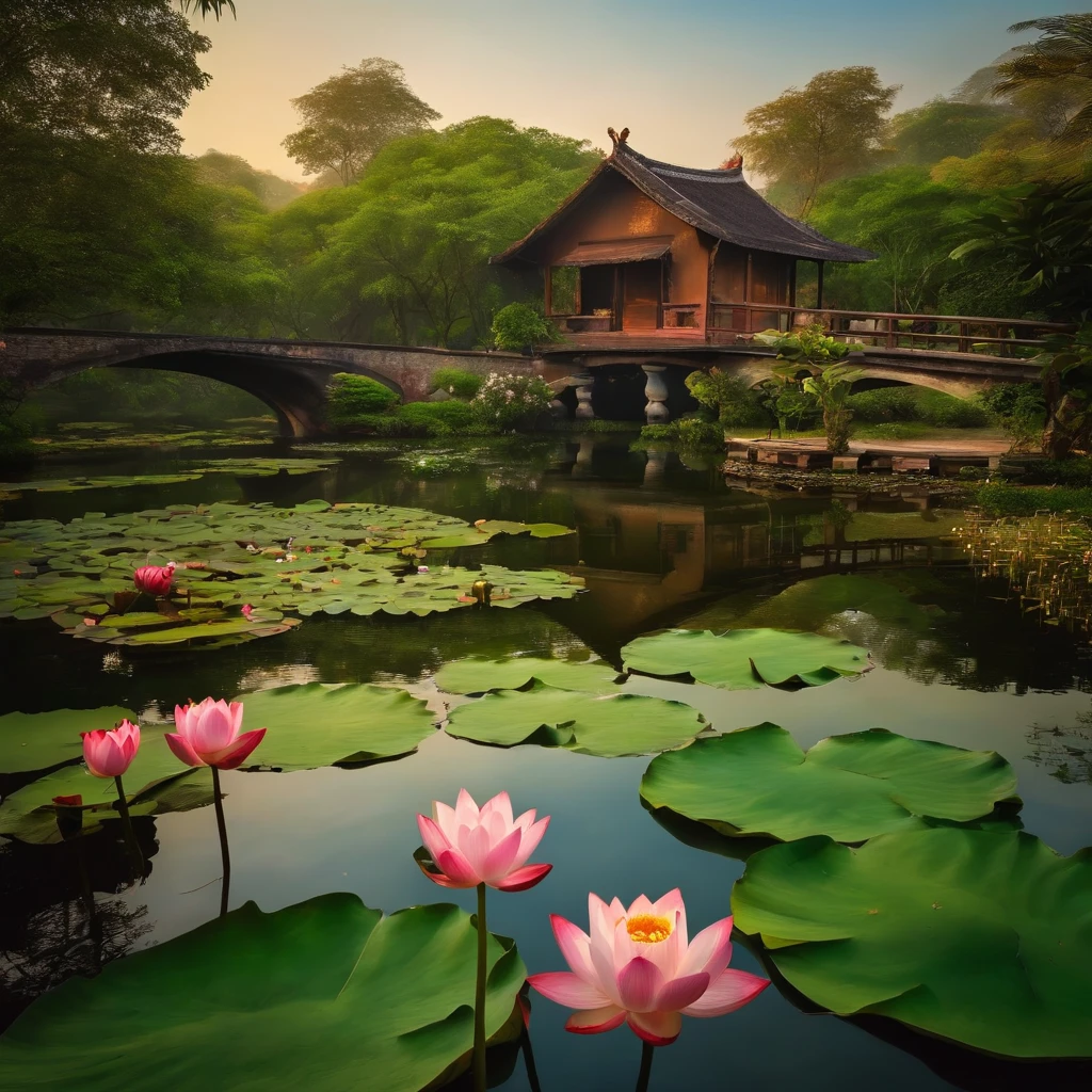#image a cottage and fish pond with lotus, peaceful atmosphere,clear reflections,tranquil environment,lotus flowers in bloom,beautiful detailed eyes,subtle smile,calm and serene expression,water ripples in the pond,delicate shadows and highlights on the cottage,bridge over the pond,path leading to the cottage,traditional lanterns illuminating the surroundings,lush greenery and colorful foliage in the background,subtle mist in the air,creating a dreamy and mystical ambiance.