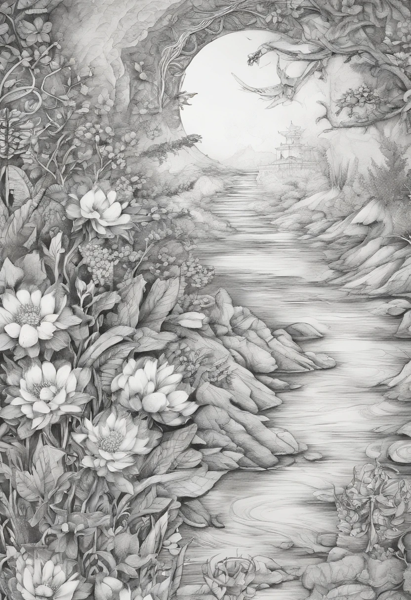 Field with beautiful flowers (close-up cleavage), meditate, Zazen, A meditative (Chinese landscape painting), (ink and watercolor painting), (8k wallpaper), (Light and Shadow Effect), rendering by octane, White balance design, Extremely detailed image representation, Wide angles, depth of fields, masterpiece, realistic, beautifully portrayed, a detailed, accurate, Masterpieces, masterpiece”