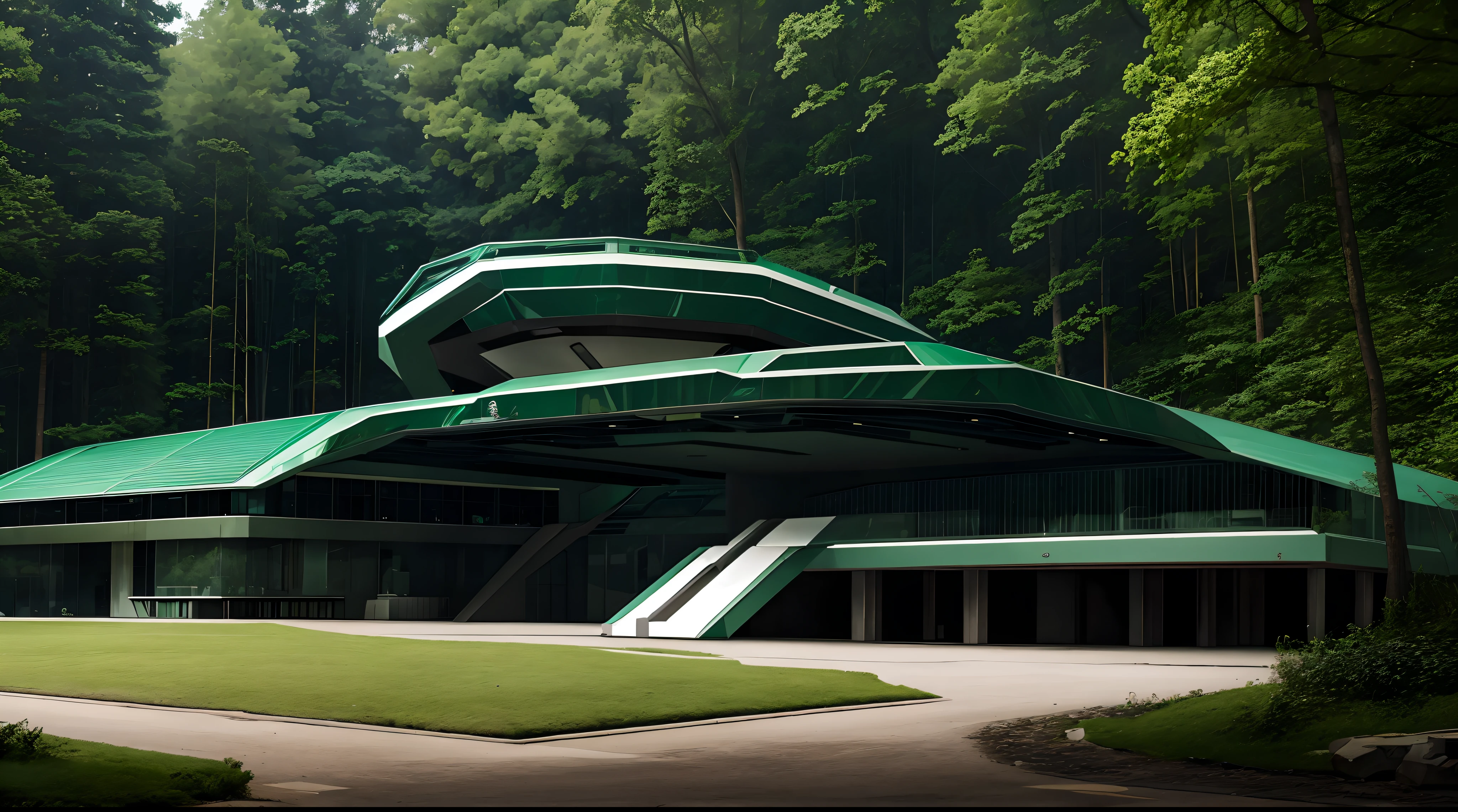 A futuristic emerald military base in the middle of the forest