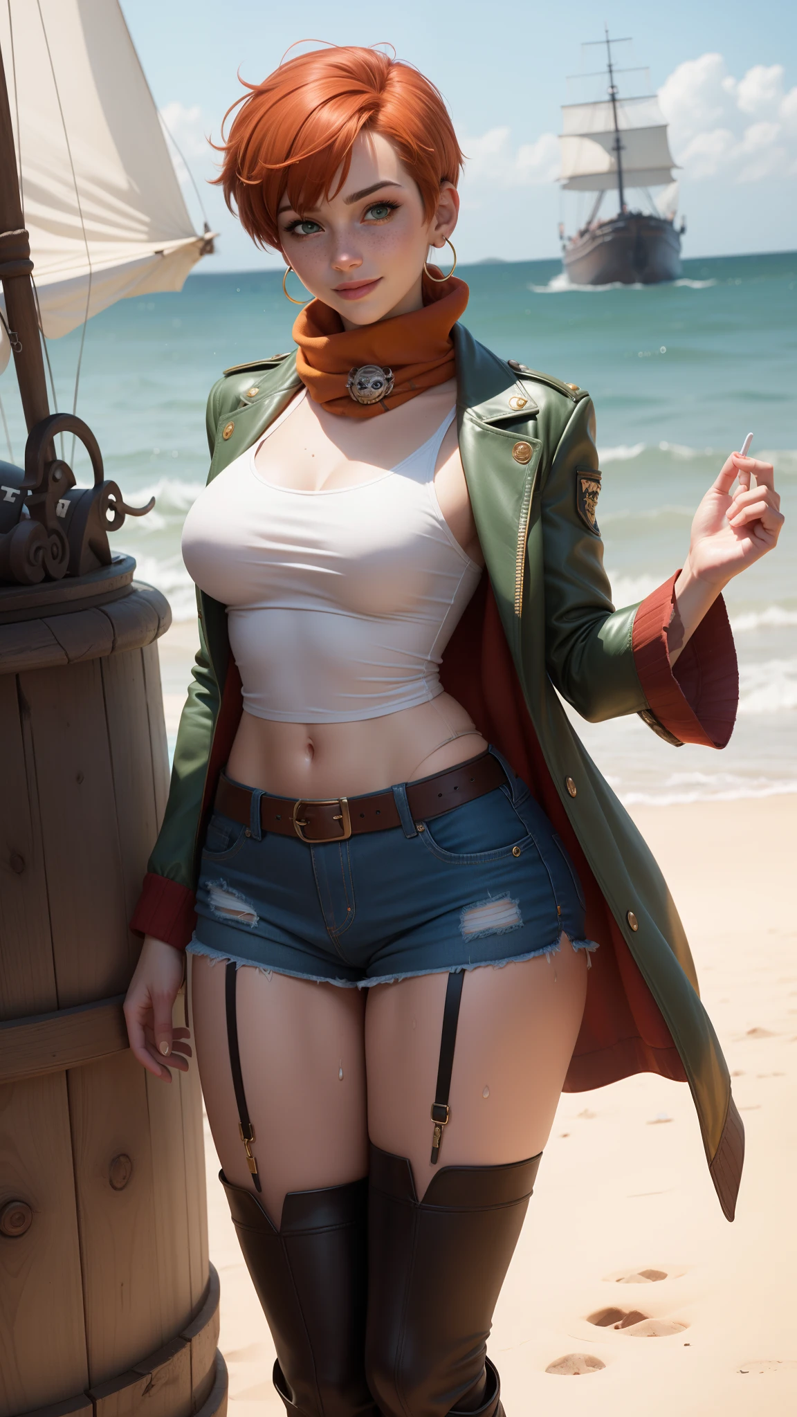 gwen tennyson,tracer,bulma,rebecca chambers,pirate outfit,beach,ager, green eyes,pearl earrings,denim micro skirt,garter belt,thigh high boots,striped panties,short hair,orange hair,pirate ship,shy smile,wet shirt,white striped top,freckles,redhead,pirate corset,pirate jacket,beautiful girl,large breasts,ultra detailed,realistic,long scarf,