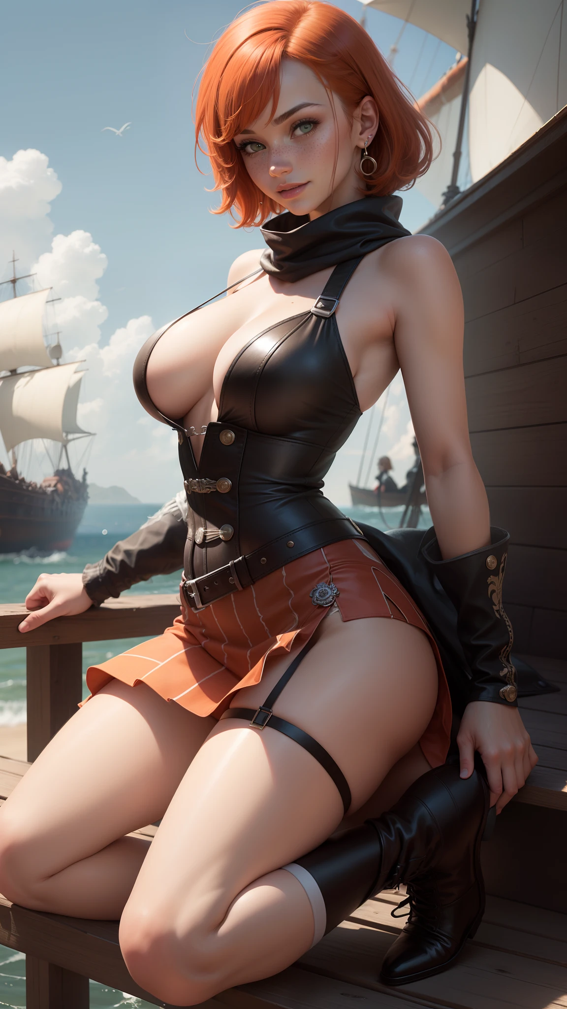 gwen tennyson,tracer,elsa,rebecca chambers,pirate outfit,beach,ager, green eyes,pearl earrings,tight micro skirt,garter belt,thigh high boots,striped panties,short hair,orange hair,pirate ship,shy smile,wet shirt,white striped top,freckles,redhead,pirate corset,pirate jacket,beautiful girl,large breasts,ultra detailed,realistic,long scarf,