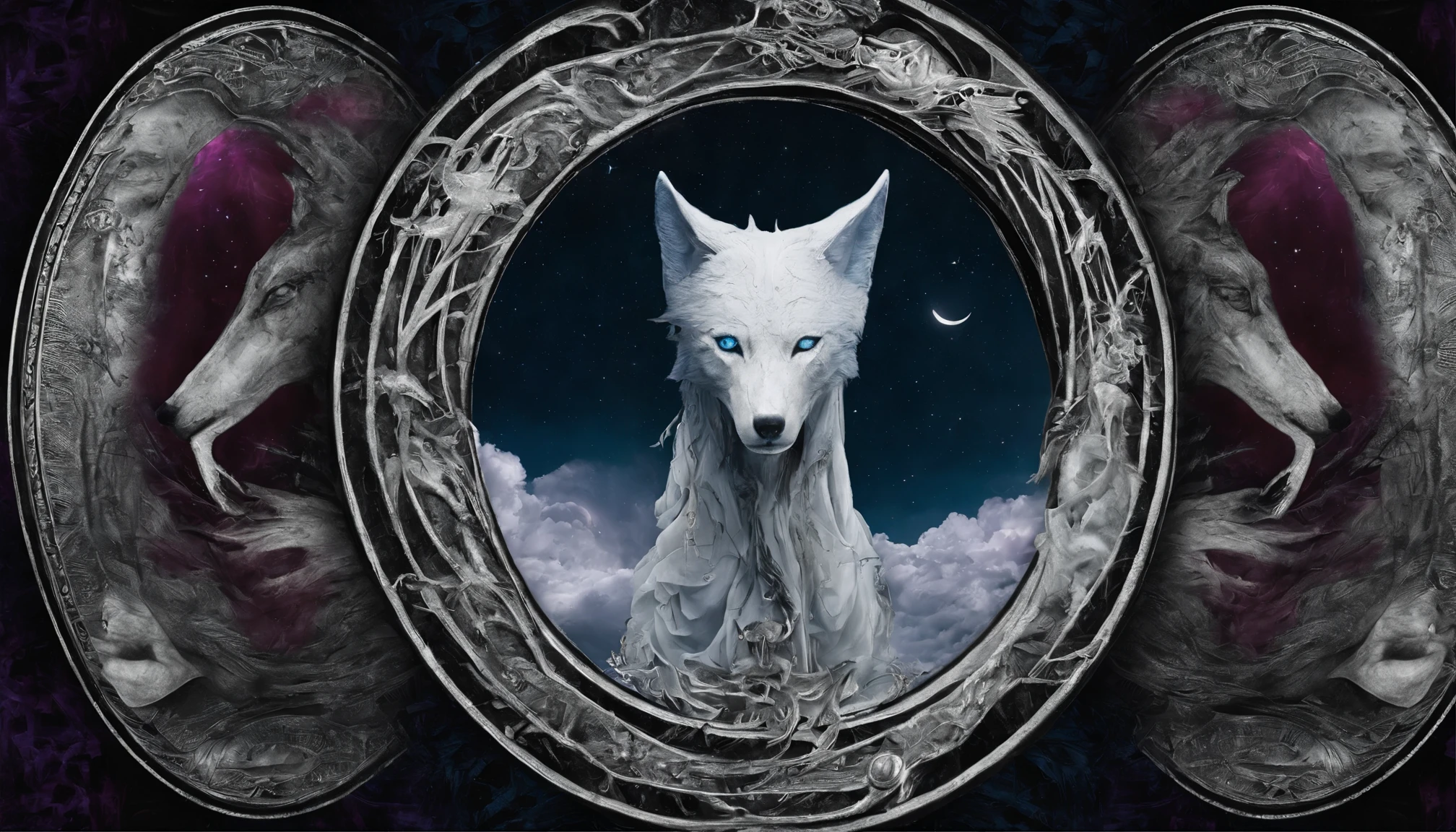 (White wolf in a circle of colorful dream pickups),"Design de camiseta com silhueta circular de rosto de lobo, crescente, e estrelas no,Globos oculares azuis brilhantes