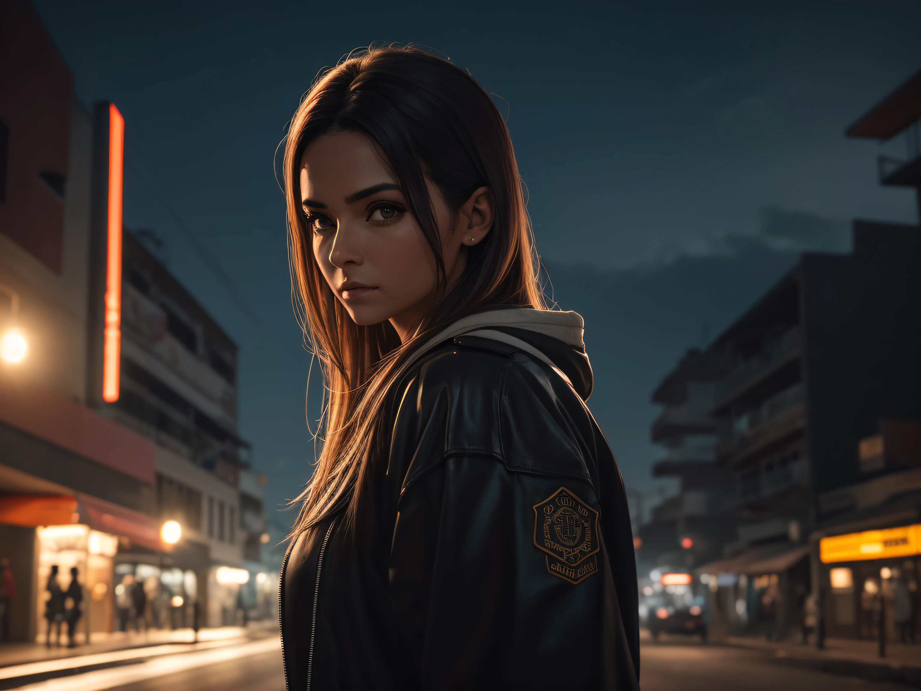 mulher, 35 anos, [corpo inteiro 1.5], foto de corpo inteiro, ambiente noturno, Centro da Cidade, luzes de neon, fotorrealista de mulher incrivelmente bonita sem maquiagem, olhos extremamente detalhados, Detailed symmetrical realistic face, textura natural extremamente detalhada,  blusa branca e jaqueta de couro, master part, Absurdo, foto premiada por lee jeffries, Nikon Film Stock D850 Fotografia, kodak portra 400 camera f1.6 lentes, extremamente detalhado, detalhes finos, cores ricas, textura hiper realista, dramatic lighting, UnrealEngine, trending on ArtStation, cinestill 800 tungsten, Olhando para o Viewer, Foto RAW , TanvirTamim, high resolution, foco nítido, extremamente detalhado, Cinematic lighting,  Introduce a subtle flare lens effect to add a touch of realism and atmosphere to the scene, tons vibrantes, Arte intrincada, 8k UHD,