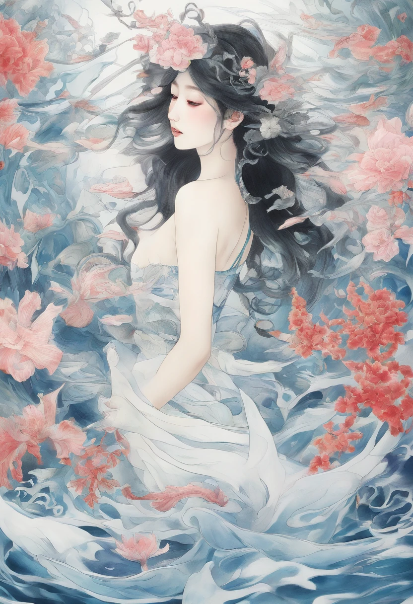 Field with beautiful flowers (close-up cleavage), meditate, Zazen, A meditative (Chinese landscape painting), (ink and watercolor painting), (8k wallpaper), (Light and Shadow Effect), rendering by octane, White balance design, Extremely detailed image representation, Wide angles, depth of fields, masterpiece, realistic, beautifully portrayed, a detailed, accurate, Masterpieces, masterpiece”