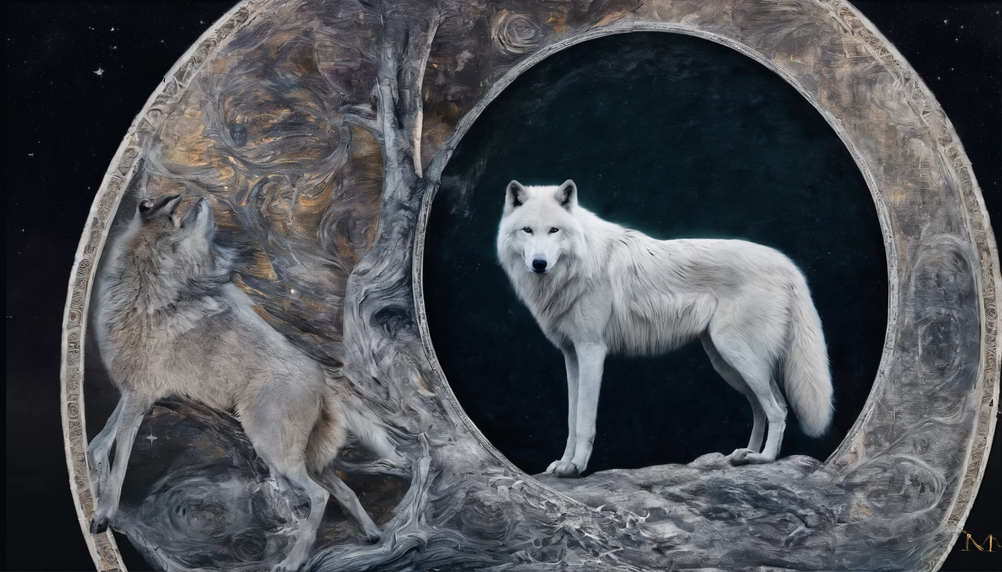 (White wolf in a circle of colorful dream pickups),"Design de camiseta com silhueta circular de rosto de lobo, crescente, e estrelas no,Globos oculares azuis brilhantes