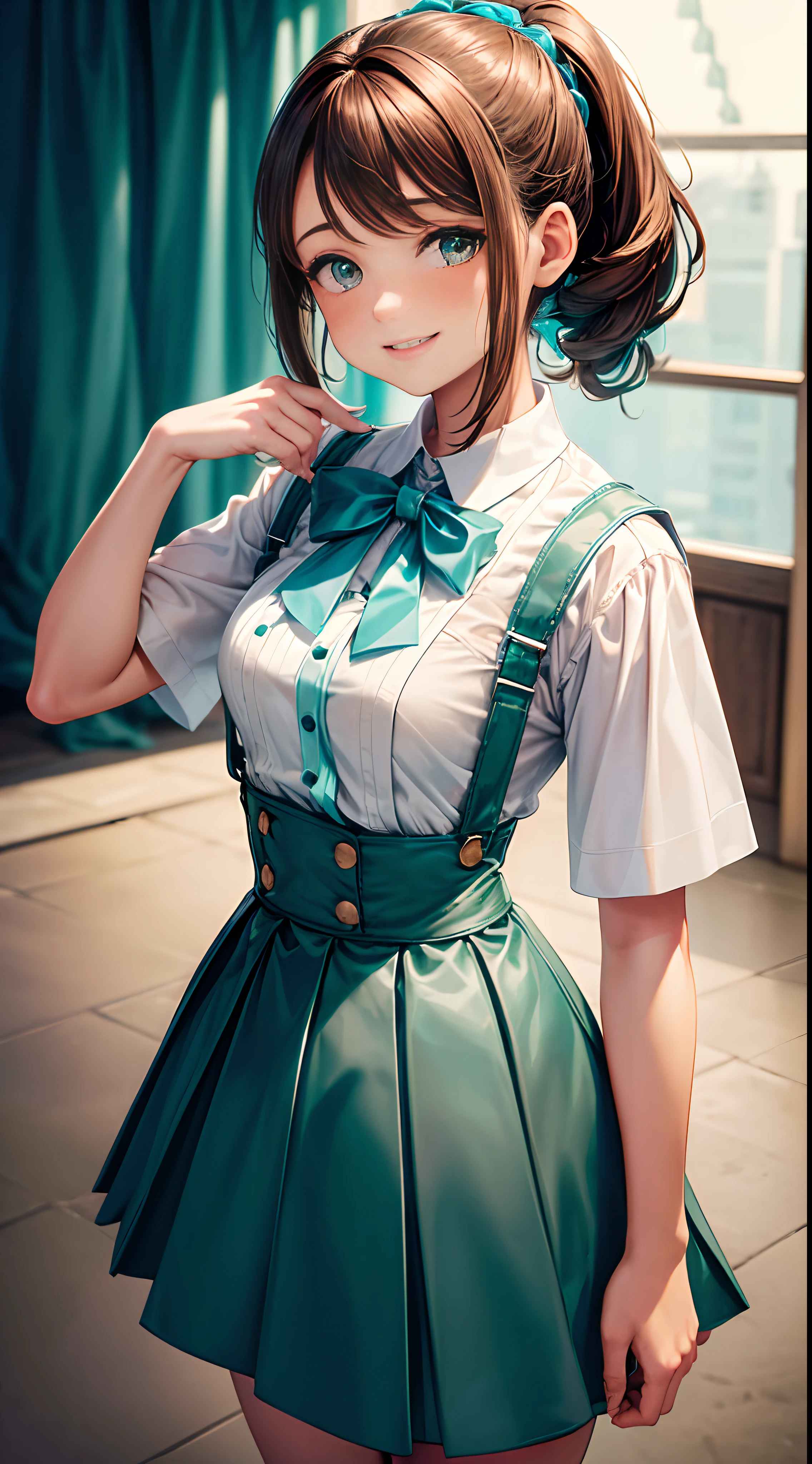 1womanl,12year old,Brown hair,Beautiful ponytail hairstyle, (Teal High Waist Skirt:1.3),, (whiteshirt:1.3), (double-breasted,Underbust:1.2), Short sleeves, buttonGap,A smile,small tits,suspenders,