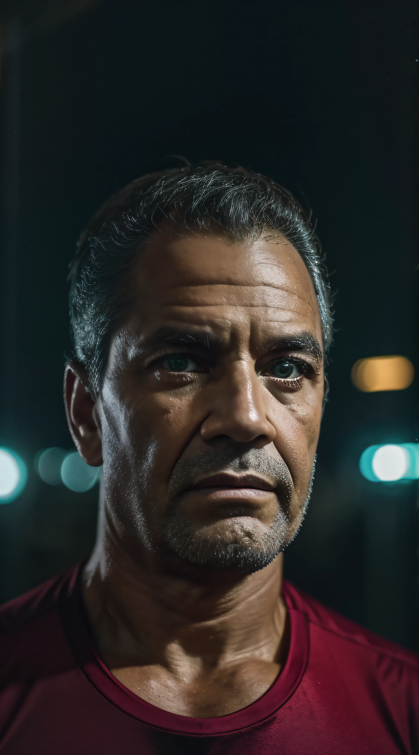 Homem, 35 anos, [corpo inteiro 1.5], foto de corpo inteiro, ambiente noturno, centro da cidade, luzes de neon, fotorrealista de homem forte, olhos extremamente detalhados, Detailed symmetrical realistic face, textura natural extremamente detalhada, roupas de couro com detalhes cyberpunk, master part, Absurdo, foto premiada por lee jeffries, Nikon Film Stock D850 Fotografia, kodak portra 400 camera f1.6 lentes, extremamente detalhado, detalhes finos, cores ricas, textura hiper realista, dramatic lighting, UnrealEngine, trending on ArtStation, cinestill 800 tungsten, Olhando para o Viewer, Foto RAW , TanvirTamim, high resolution, foco nítido, extremamente detalhado, Cinematic lighting,  Introduce a subtle flare lens effect to add a touch of realism and atmosphere to the scene, tons vibrantes, Arte intrincada, 8k UHD,