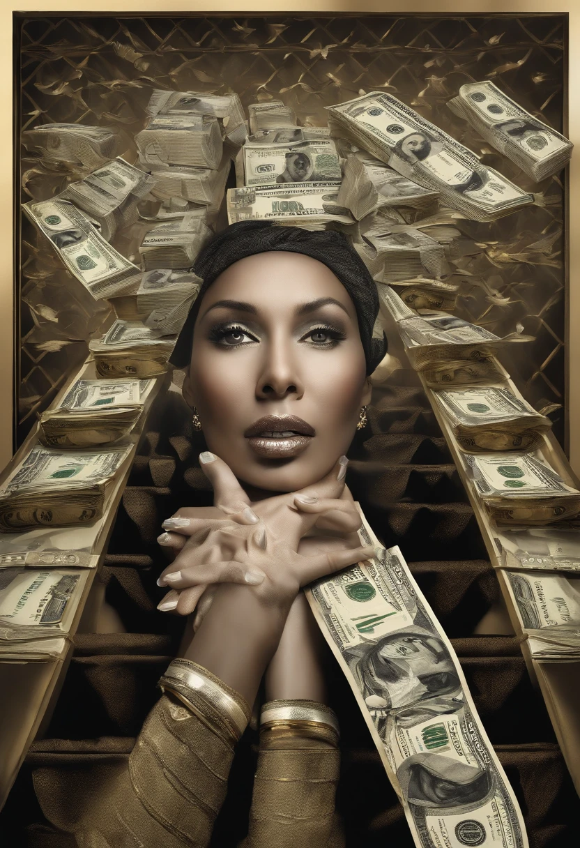 Una mujer luchando contra el dinero, オイル, Pinceladas duras, Dramatic lighting, intense expression, Ojos decididos, closed fists, sudor goteando por su cara, Traje arrugado, cadenas rotas, Crumbling dollar bills, Crumbling stock market chart, Humo que se eleva en el fondo, blanco y negro con un toque de oro, realismo. (La mejor calidad, Altas Resoluciones, Ultra detallado), (realista:1.37), profesional, vivid colors.