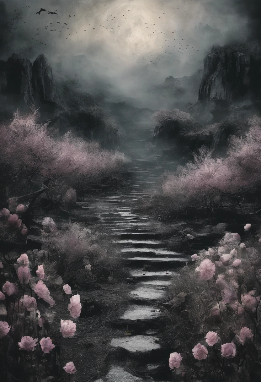 Field with beautiful flowers (close-up cleavage), meditate, Zazen, A meditative (Chinese landscape painting), (ink and watercolor painting), (8k wallpaper), (Light and Shadow Effect), rendering by octane, White balance design, Extremely detailed image representation, Wide angles, depth of fields, masterpiece, realistic, beautifully portrayed, a detailed, accurate, Masterpieces, masterpiece”