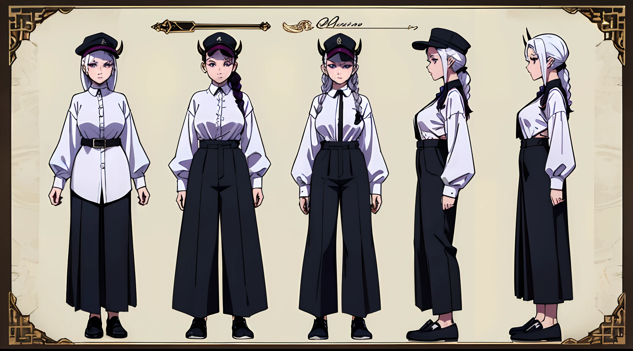 (Masterpiece, best quality), detailed, character sheet, many items (the same person, black demon horns, cap hat, oversize shirt, wide pants, getа shoes, many parts), detailed purple eyes, detailed face, Serious face, different expressions, small boobs, B cup, white hair and white skin, braided ponytail, full of details.