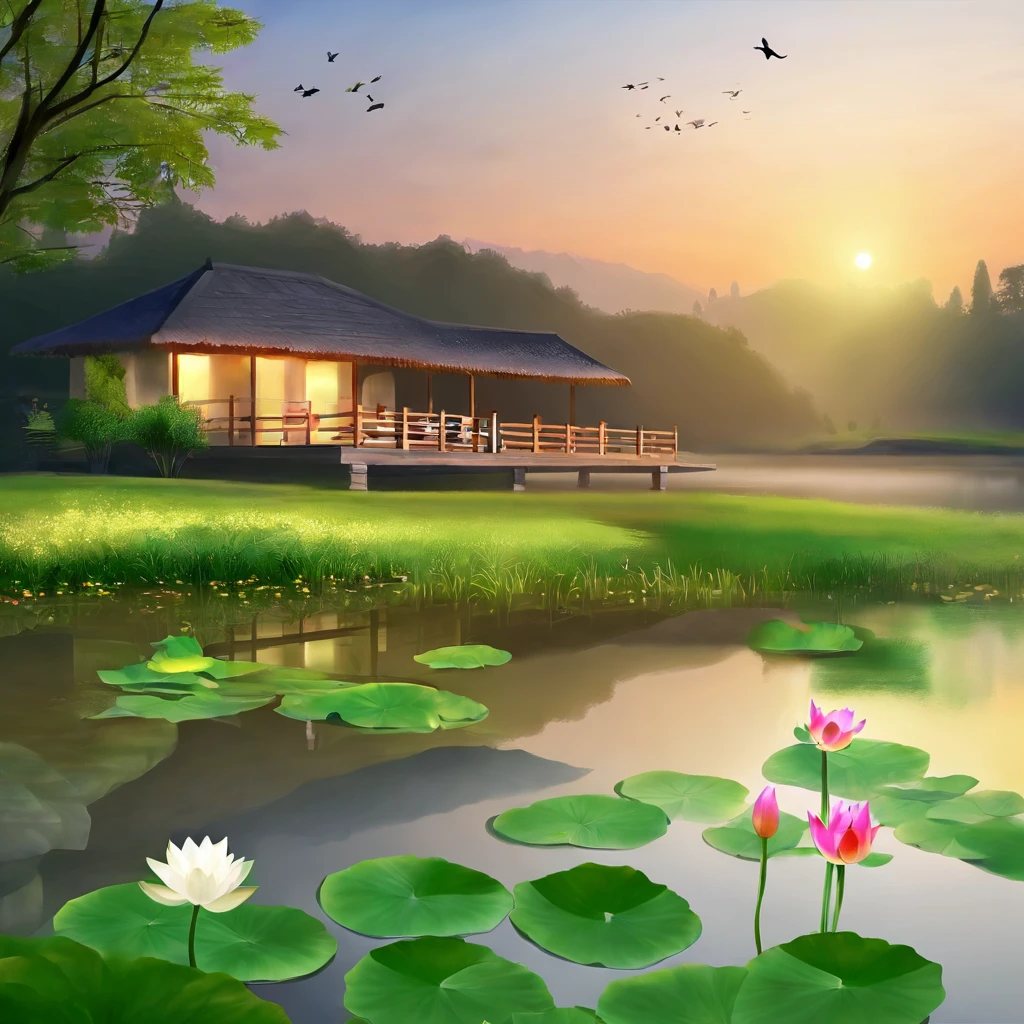 #image a cottage and fish pond with lotus, peaceful atmosphere,clear reflections,tranquil environment,lotus flowers in bloom,beautiful detailed eyes,subtle smile,calm and serene expression,water ripples in the pond,delicate shadows and highlights on the cottage,bridge over the pond,path leading to the cottage,traditional lanterns illuminating the surroundings,lush greenery and colorful foliage in the background,subtle mist in the air,creating a dreamy and mystical ambiance.