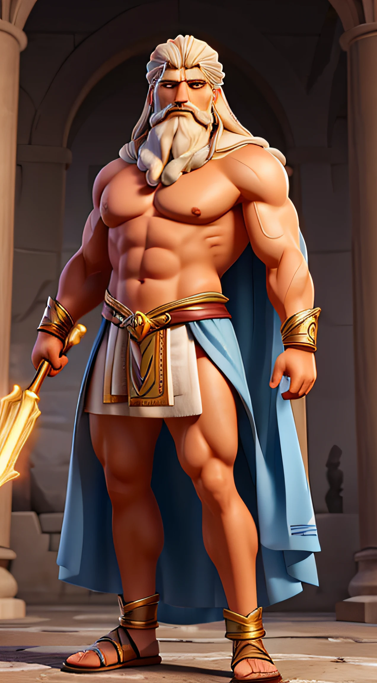 Create a character design inspired by Zeus, the king of the Greek gods. Your character should embody the majestic and powerful essence of Zeus, with a modern twist. Consider their appearance, attire, accessories, and any unique features or abilities they might have.