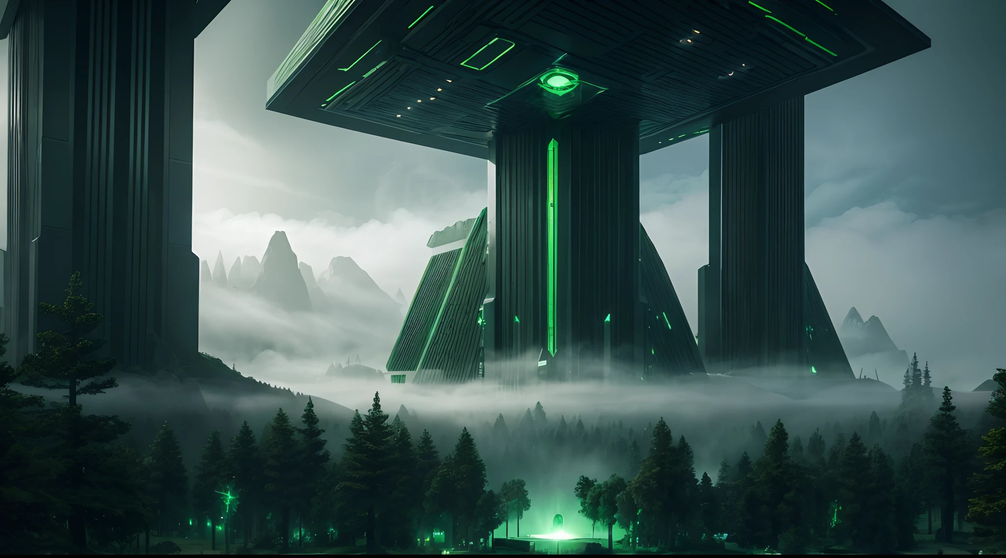 (best quality,4k,8k,highres,masterpiece:1.2),ultra-detailed,realistic:1.37,a futuristic emerald military base in the middle of the forest,glowing emerald lights,high-tech surveillance equipment,advanced holographic control panels,helipad with military helicopters,armory with soldiers in futuristic armor,stealthy camouflage patterns on buildings,state-of-the-art defense systems,dense forest surrounding the base,thick emerald-colored fog,mysterious atmosphere,advanced robotics patrolling the perimeter,security drones hovering above the base,hidden underground tunnel entrances with heavy blast doors,dark emerald night sky illuminated by stars,emerald green energy pulsating throughout the base,green tinted windows reflecting the surrounding forest,sharp and angular architecture,seamless integration with natural surroundings,aerial view showcasing the base's vastness,quiet and serene ambiance contrasted with a high-security presence,advanced communication towers reaching into the sky,green laser beams cutting through the fog,imposing emerald walls protecting the base,guard towers positioned strategically along the perimeter.