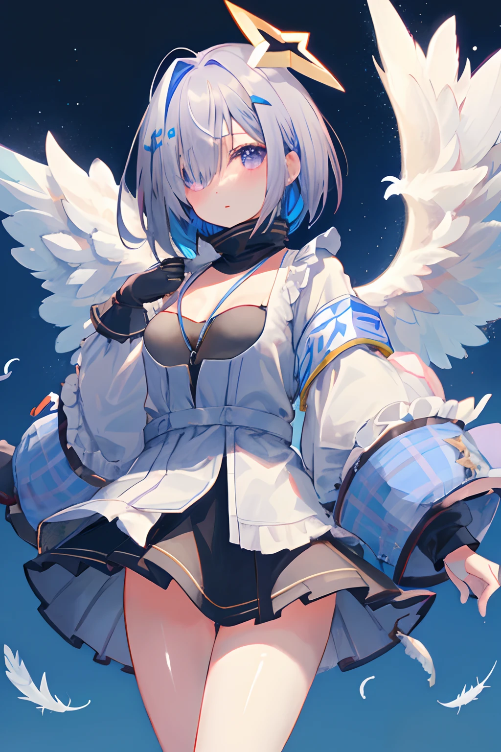 NSFW,((1man with 1woman,Having sex)),show off nipple,bared  chest,top-quality、Hi-Res、女の子1人、amane kanata、Star Halo、Virtual Youtuber、独奏、wingspan、Halo、Feathers of feathers、angelicales、Angel wings、multicolored hair、Colored ingrown hairs、asymmetric hair、single hair intake、Purple eyes、Armbands、short-hair, blue hairs, white  hair, long boots, sockes, long-sleeve, Grey jacket, skirt by the, bob cuts, jaket, Striped hairs, bangss, frilld, Black footwear, Wide sleeves, one white winged, mini wings, a black skirt, Hair More Than One Eye、Ruffled skirt、Blue socks、Sleeves beyond the wrist、turtleneck dress、Short dress、a miniskirt、Blue wings、cowboy  shot