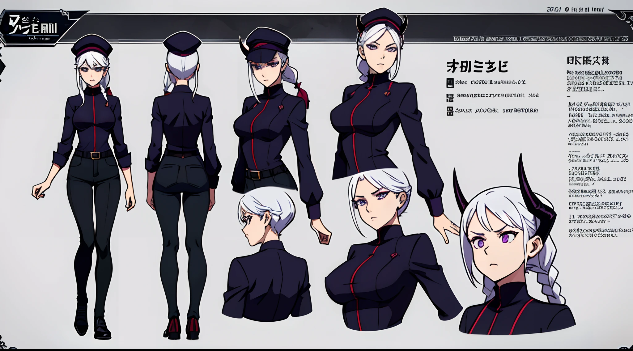 (Masterpiece, best quality), detailed, character sheet, many items (the same person, black demon horns, hat, skinny shirt, short pants, shoes, many parts), detailed purple eyes, detailed face, Serious face, different expressions, small boobs, B cup, white hair and white skin, braided ponytail, full of details.