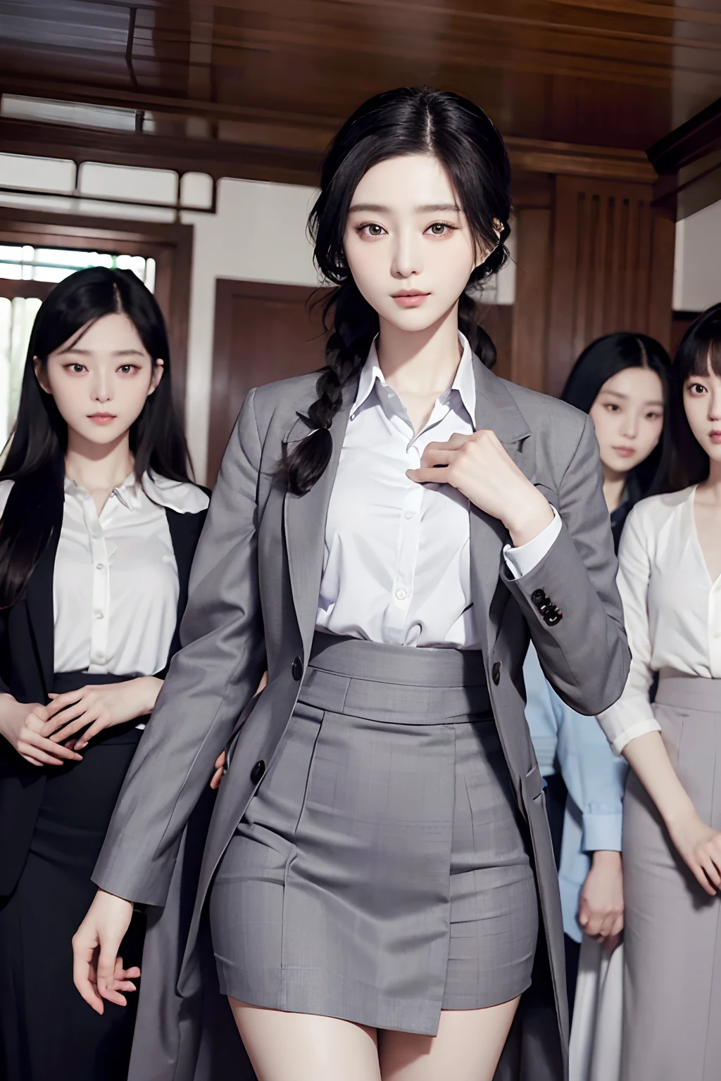 masutepiece, Best Quality, Braids、Five girls in the classroom,(5 people standing:1.2),Standing,20s, Looking at Viewer,l Group shot, harems,nffsw,Underwear,(pantiy),Realistic,OL pose,(Gray suit and black shirt) ,(Gray tight skirt),(Looking back, ass grab:0.9),(Beautiful eyes:1.3),frombelow,From below,Kinney,(skinny:1.2) ,thick-eyed thighs, Long body, novel illustration,(Smelly eyes:0.5),closed curtains,(shirts lift,lifted by self:1.5) ,Dark Persona.Skirt lift front,(Panties:1.3),