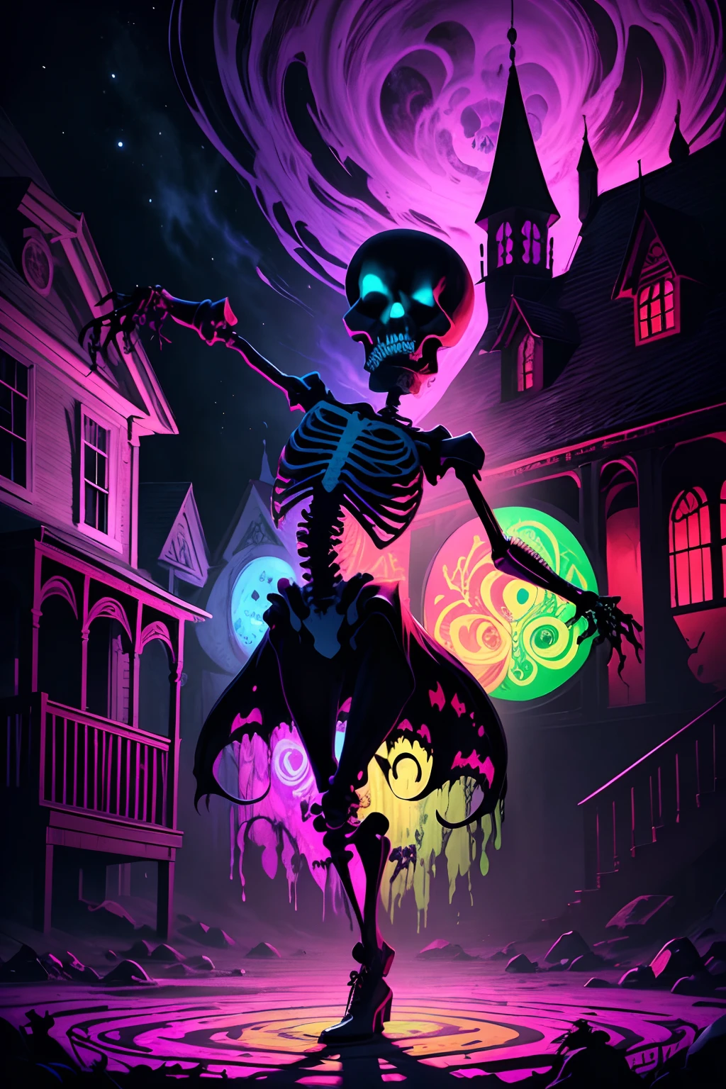 an image of a skeleton dancing in front of a spooky house, black light velvet poster, colourful movie art, mad painting, acid trip, psychedelic cosmic horror, in the style dan mumford artwork, conjuring psychedelic background, bad acid trip, inspired by Dan Mumford, evil realm magic painting vibes, scary color art in 4 k, scary art in color