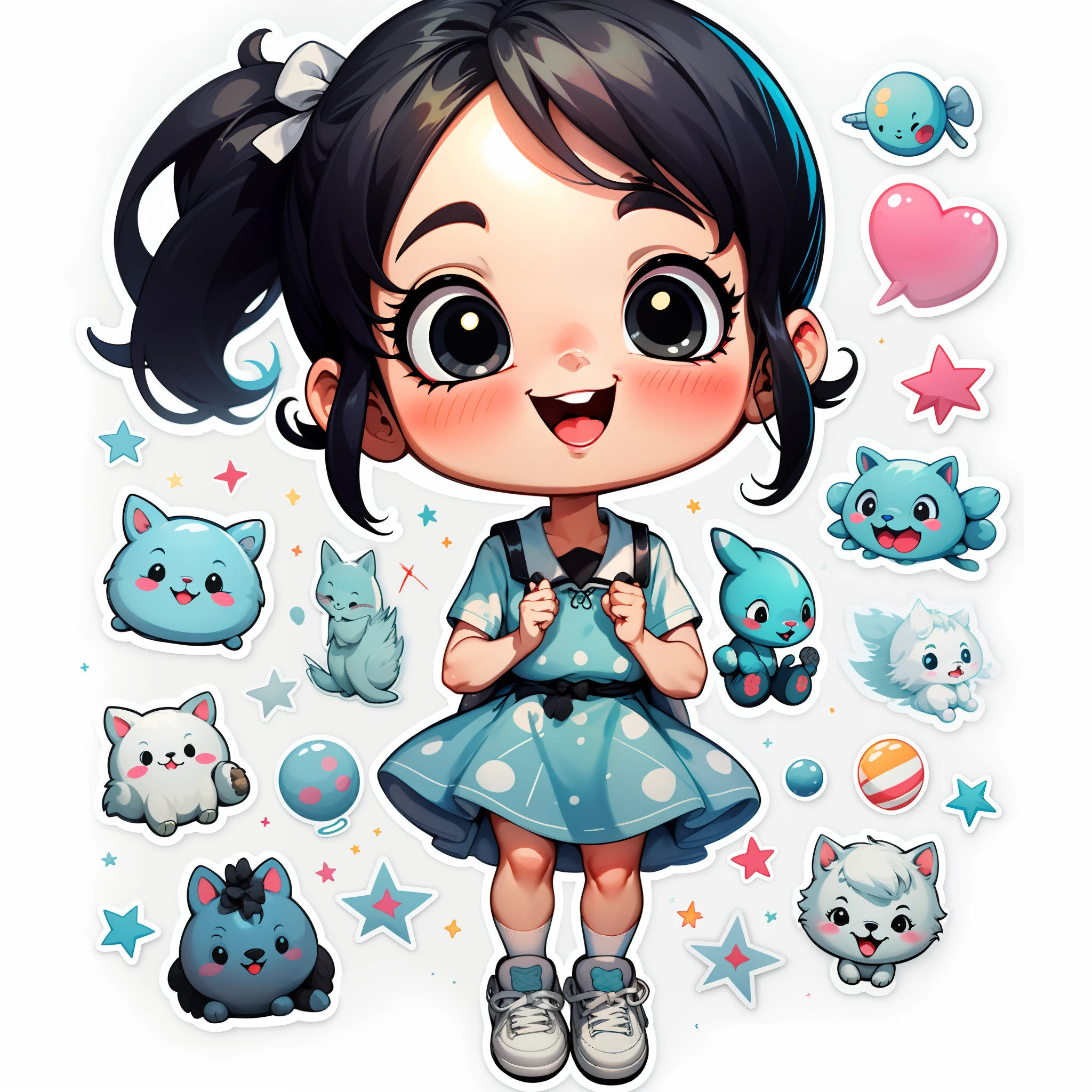 tchibi,1girll Black hair,Mouth open,Smile,bow,Solo,White background,vestido,Walls,black eyes,full bodyesbian,simplebackground,White shoes,shoes,athletic sneakers ,Blush,argyle,Long double ponytail,bow ribbon.