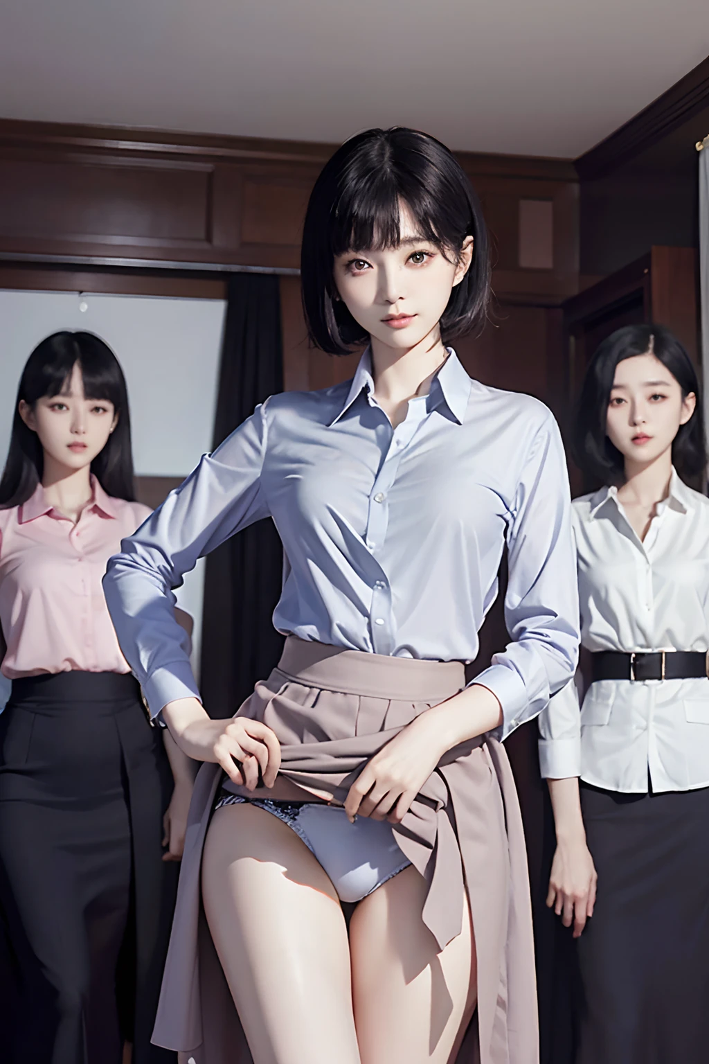 masutepiece, Best Quality, bob cuts、Five girls in the classroom,(5 people standing:1.2),Standing,20s, Looking at Viewer,l Group shot, harems,nffsw,Underwear,(pantiy),Realistic,OL pose,(Gray suit and pink shirt) ,(Gray tight skirt),(Looking back, ass grab:0.9),(Beautiful eyes:1.3),frombelow,From below,Kinney,(skinny:1.2) ,thick-eyed thighs, Long body, novel illustration,(Smelly eyes:0.5),closed curtains,(shirts lift,lifted by self:1.5) ,Dark Persona.Skirt lift front,(Panties:1.3),