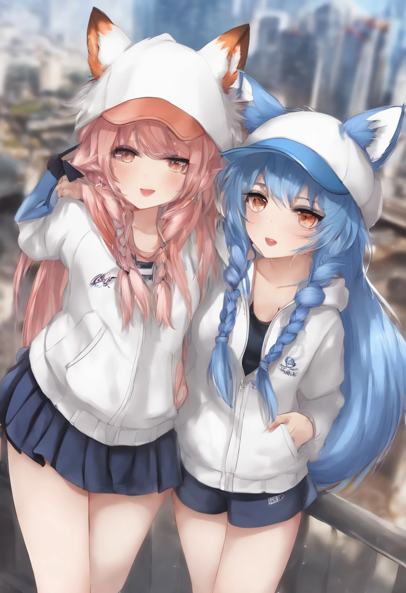 2 girls, lesbians, teenage, (animal ears), straight-on, full body, looking at viewer, hair between eyes, hair ornament, multicolored hair, twin braids, fox tail, (multiple tails:1.3), badge, bangs, (blue baseball cap:1.2), clothes writing, white clothes, hood, hood down, standing, long sleeves, closed mouth, (blue skirt:1.05), solo, (light blush:0.9), bare tree, building, city, cityscape, day, outdoors, street, tokyo (city), tree