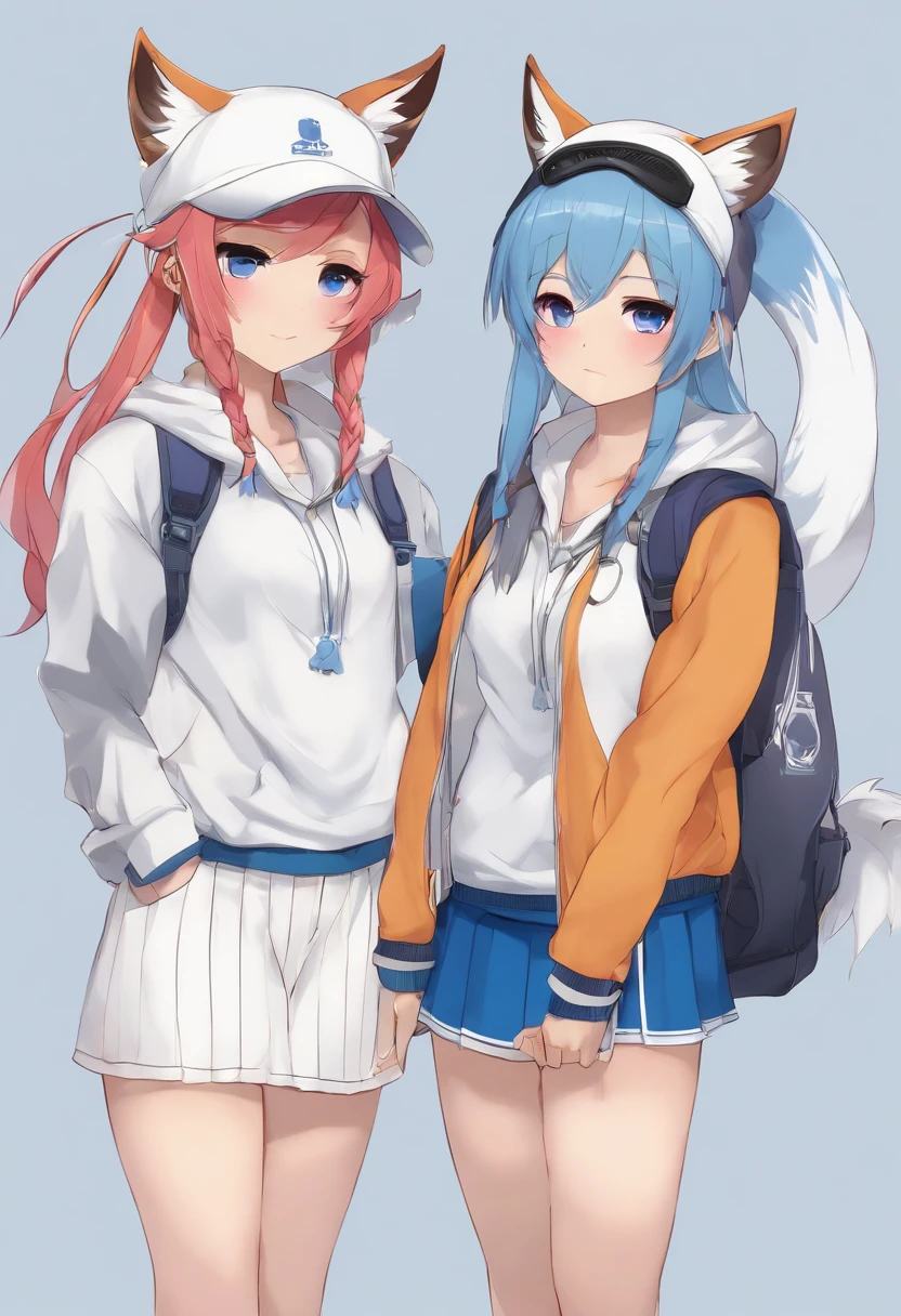 2 girls, lesbians, teenage, (animal ears), straight-on, full body, looking at viewer, hair between eyes, hair ornament, multicolored hair, twin braids, fox tail, (multiple tails:1.3), badge, bangs, (blue baseball cap:1.2), clothes writing, white clothes, hood, hood down, standing, long sleeves, closed mouth, (blue skirt:1.05), solo, (light blush:0.9), bare tree, building, city, cityscape, day, outdoors,  street, tokyo (city), tree