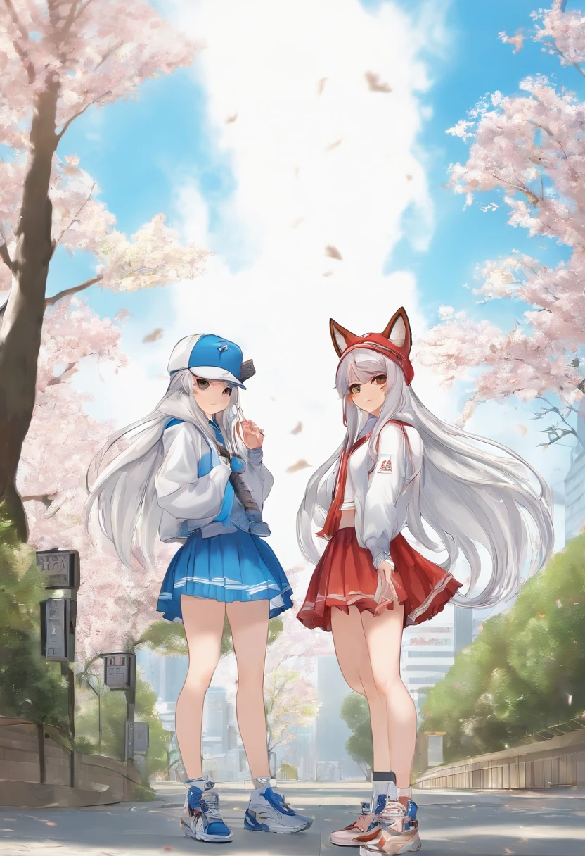 2 girls, lesbians, teenage, (animal ears), straight-on, full body, looking at viewer, hair between eyes, hair ornament, multicolored hair, twin braids, fox tail, (multiple tails:1.3), badge, bangs, (blue baseball cap:1.2), clothes writing, white clothes, hood, hood down, standing, long sleeves, closed mouth, (blue skirt:1.05), solo, (light blush:0.9), bare tree, building, city, cityscape, day, outdoors,  street, tokyo (city), tree