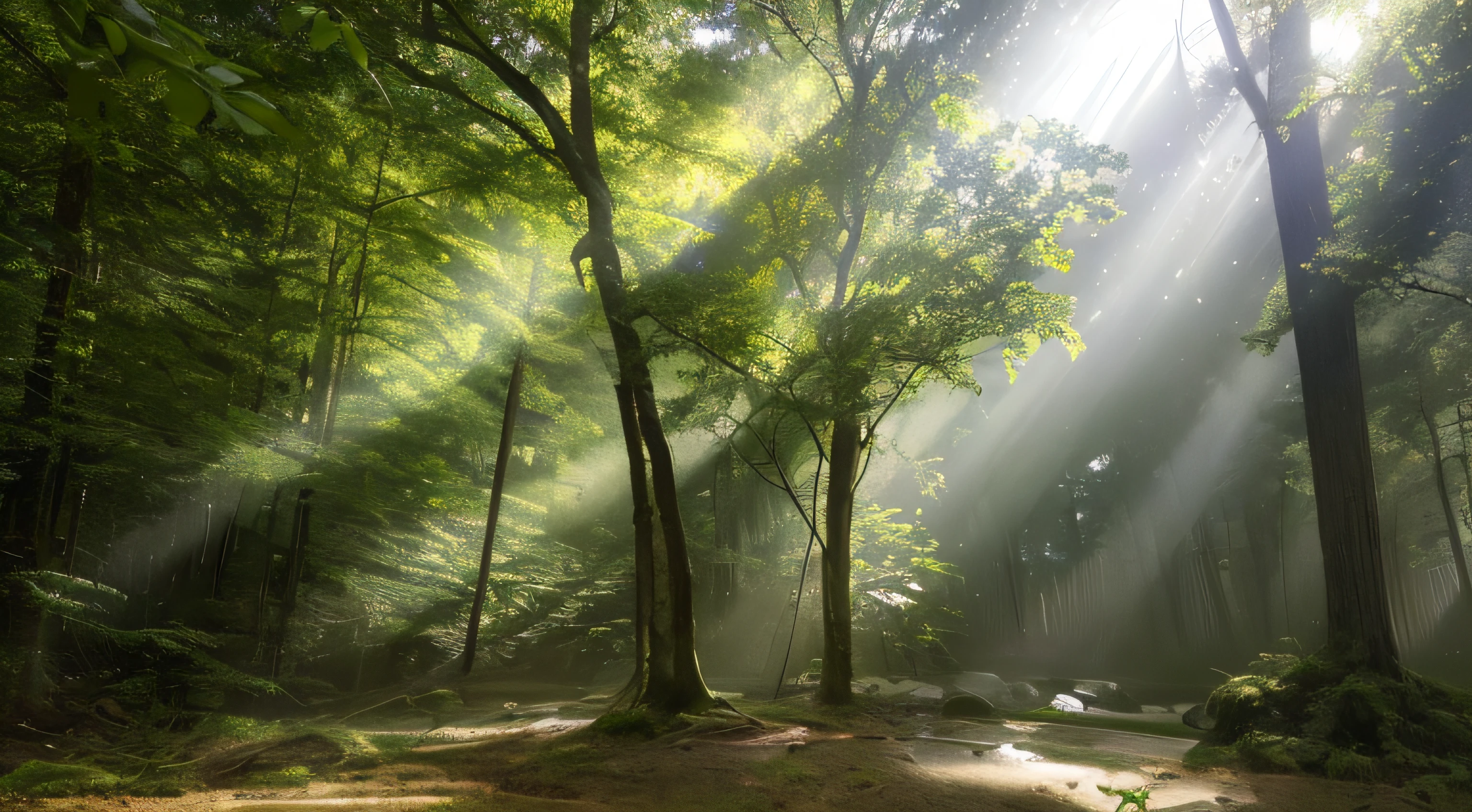 image of a dense, serene forest with rays of sunlight filtering through the trees.