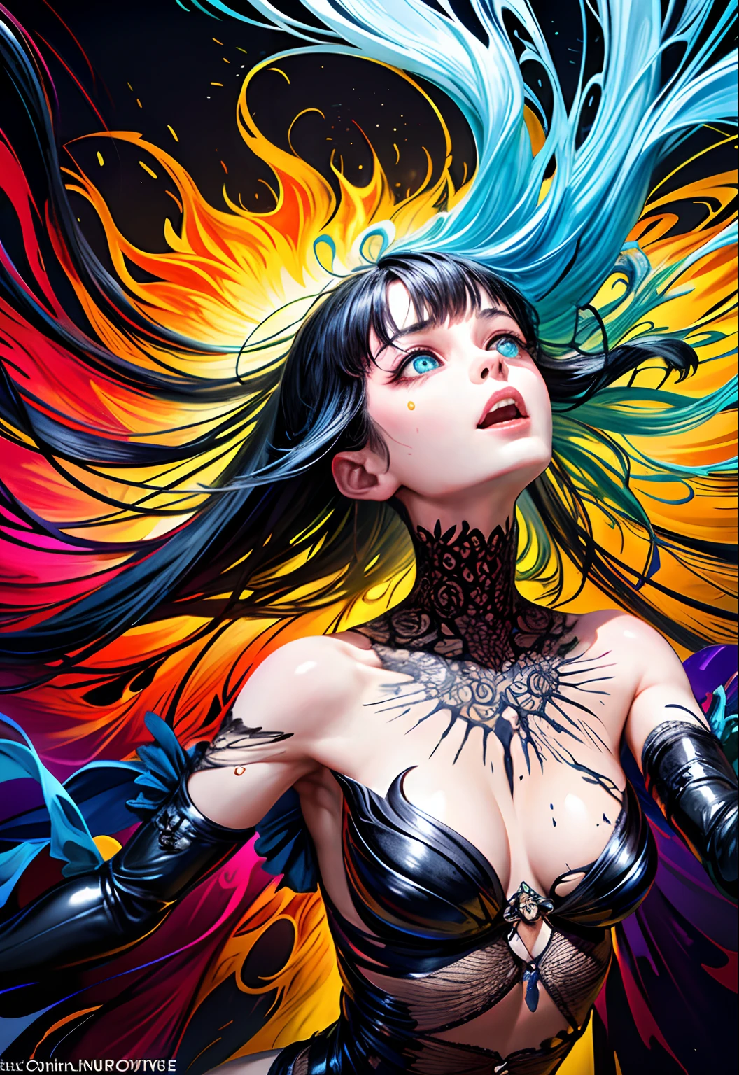 beautiful girl, chaotic art,dynamic brushstrokes,abstract expressionism,vibrant colors,fluid forms,energetic composition,highly textured,mixed media,unpredictable patterns,spontaneous creation,abstract shapes,frenetic lines,explosive energy,emotional intensity,fluidity and movement,visceral impact,unconventional materials,expressive gestures,bold contrasts,non-representational,organic abstraction,whimsical elements,distorted perspectives,intricate layers,sensory experience,tactile surfaces,complexity and depth,improvisation,creative experimentation,emergent complexity,unrestricted creativity,chance and accident,unrestrained imagination,harmony in chaos,chaos as a creative force