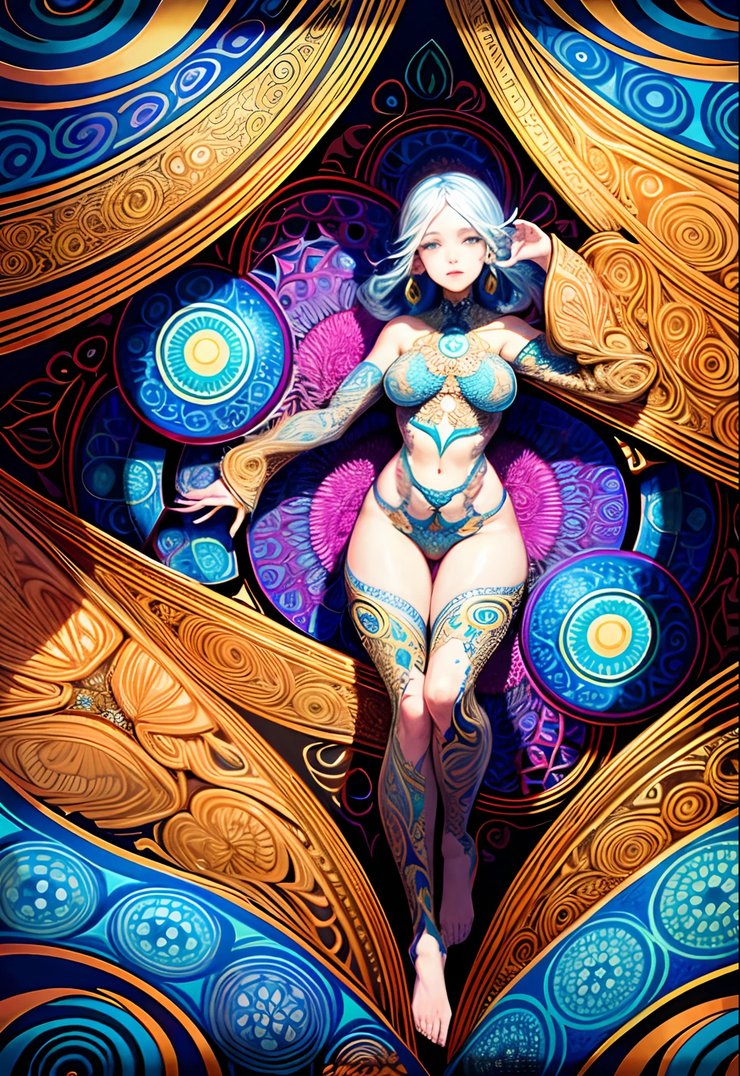 beatiful girl, autosimilaridad art, intricate patterns, mandala, geometrical shapes, symmetrical, detailed linework, mesmerizing, vibrant colors, psychedelic, intricate curves, repeating motifs, hypnotic designs, mind-bending illusions, fractal-like complexity, kaleidoscopic art, stunning symmetry, visual harmony, trippy visuals, cosmic patterns, ornate details, infinite variations, intricate tessellations, op art, optical illusions, intricate inkwork, intricate interlocking shapes, meticulous craftsmanship, digital art, intricate brushwork, symmetrical compositions, relaxing visual experience, intricate textures, precise geometric forms, complex layering, intricate paper cuts, meticulous attention to detail, intricate knotwork.