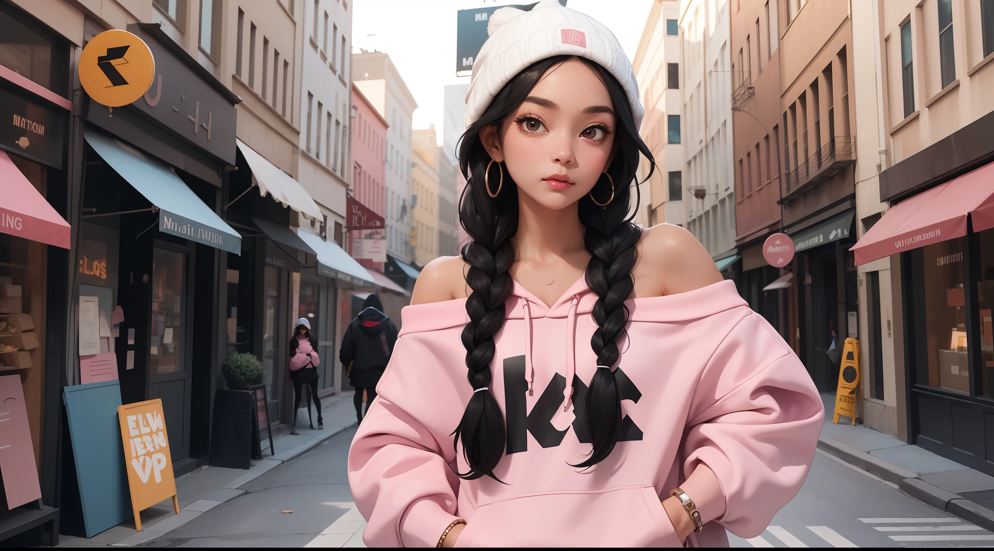 masterpiece,1girl,solo,long braids black hair,light pink hoodie,off shoulder:1.2, white mob cap, street,hand on hip, hand in pocket,
