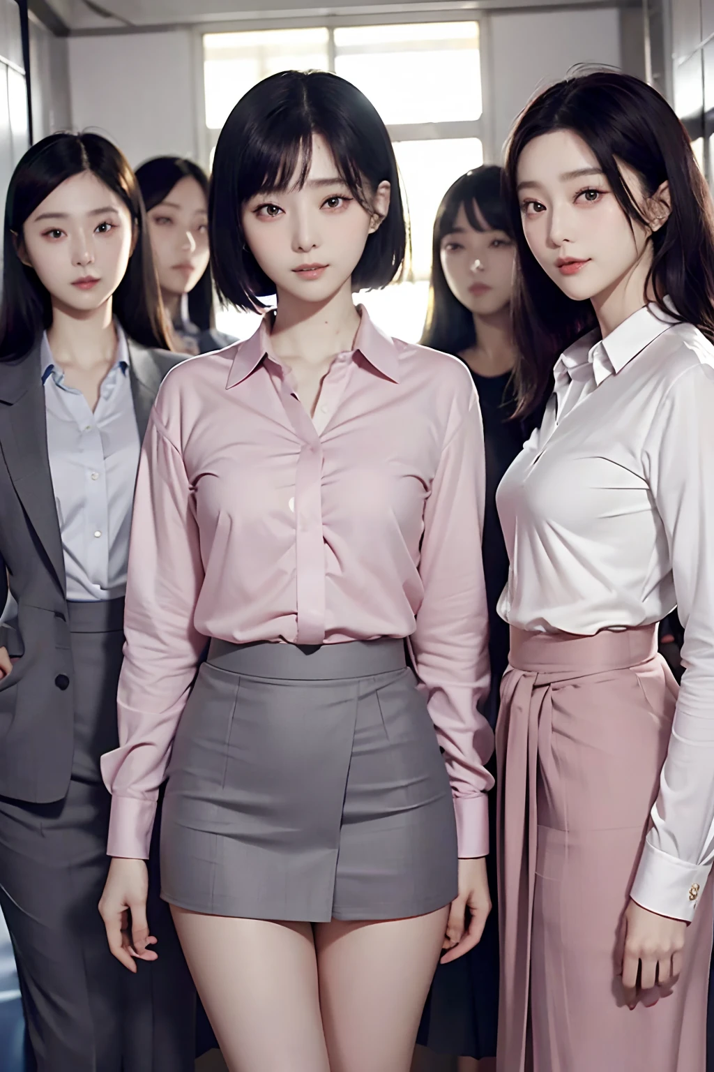 masutepiece, Best Quality, bob cuts、Five girls in the classroom,(5 people standing:1.2),Standing,20s, Looking at Viewer,l Group shot, harems,nffsw,Underwear,(pantiy),Realistic,OL pose,(Gray suit and pink shirt) ,(Gray tight skirt),(Looking back, ass grab:0.9),(Beautiful eyes:1.3),frombelow,From below,Kinney,(skinny:1.2) ,thick-eyed thighs, Long body, novel illustration,(Smelly eyes:0.5),closed curtains,(shirts lift,lifted by self:1.5) ,Dark Persona.Skirt lift front,(Panties:1.3),