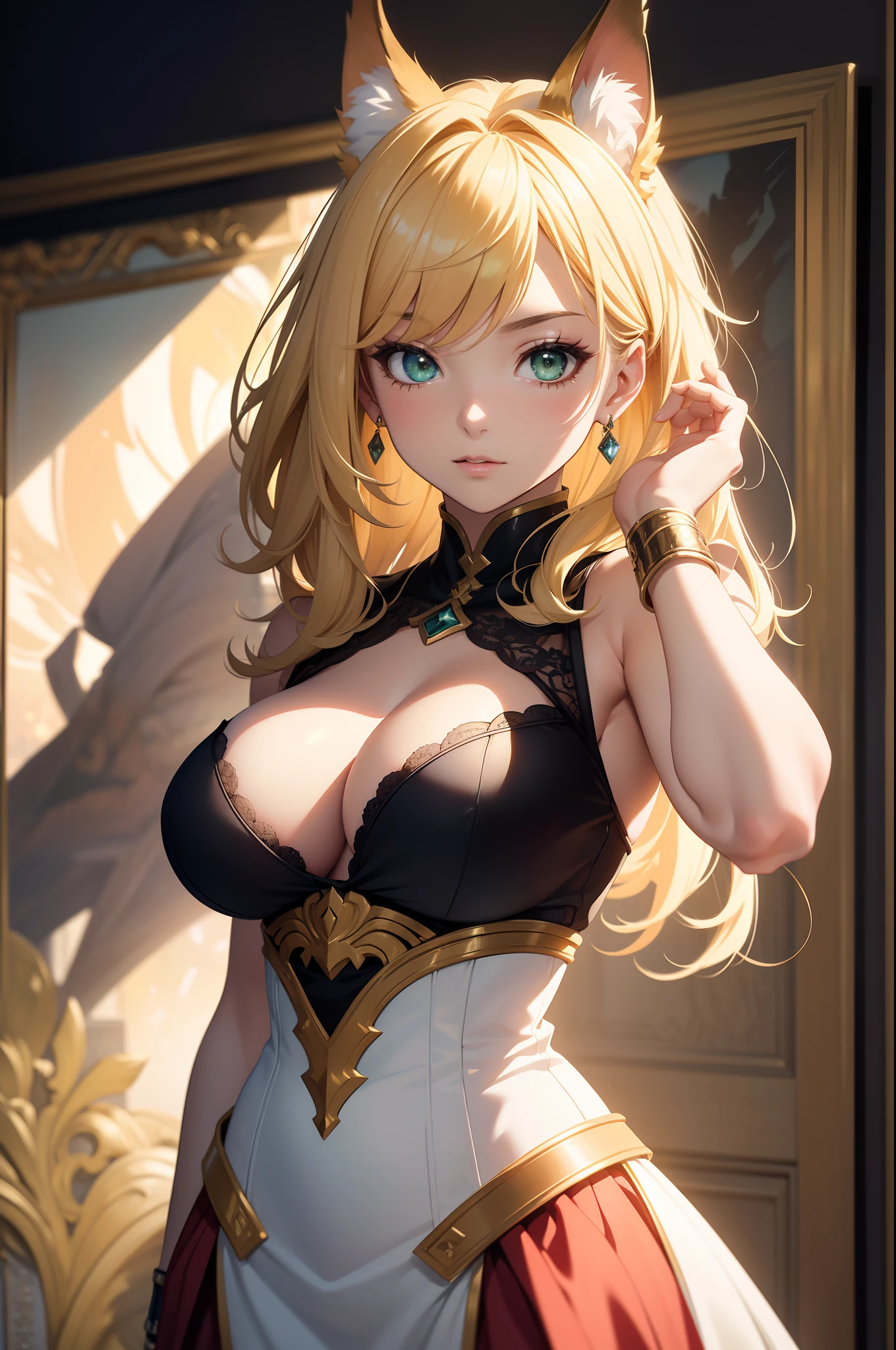 8K, 32K, Masterpiece, Close-up, female anime character, anime style character, Action anime girl woman, detailed anime character art, Epic anime style, Realistic anime art style, Portrait of female anime heroine, Professional makeup, ((large breasts)), (Seductive pose), Sexy, beautiful white face shining, Beautiful face, Pink cheeks, Beautiful lips, Porcelain skin, detail intricate, Super detailed, highest details, high detail, Delicate, incredibily detailed, finedetail, Cinematic lighting, Top quality, Masterpiece, smooth and beautiful, CG , Unity, 8K wallpaper, Stunning, finedetail, unity CG wallpaper 8k ultra detailed, Large file size, Ultra detailed, high resolution, Incredible detail, stunning detailed, Depth of field, oil painting effect in Rembrandt art style, concept portrait art in Stanley Artgerm Lau style, Phlegm sputum, phlegm, Epic, tDetailed digital painting, very high quality models, Yellow hair, Short hair, Green eyes, backdrop, armpit, animal ears, bangs, dynamic pose,