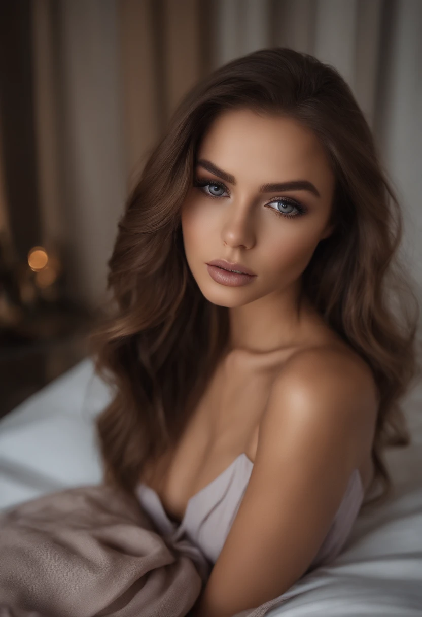 Arafed woman completely , fille sexy aux yeux bruns, ultra realist, Meticulously detailed, Portrait Sophie Mudd, cheveux bruns et grands yeux, selfie of a young woman, Dubai Eyes, Violet Myers, sans maquillage, maquillage naturel, looking straight at camera, Visage avec Artgram, Maquillage subtil, Great photo of the whole body kneeling on the bed, dans la chambre, Medium to large bust