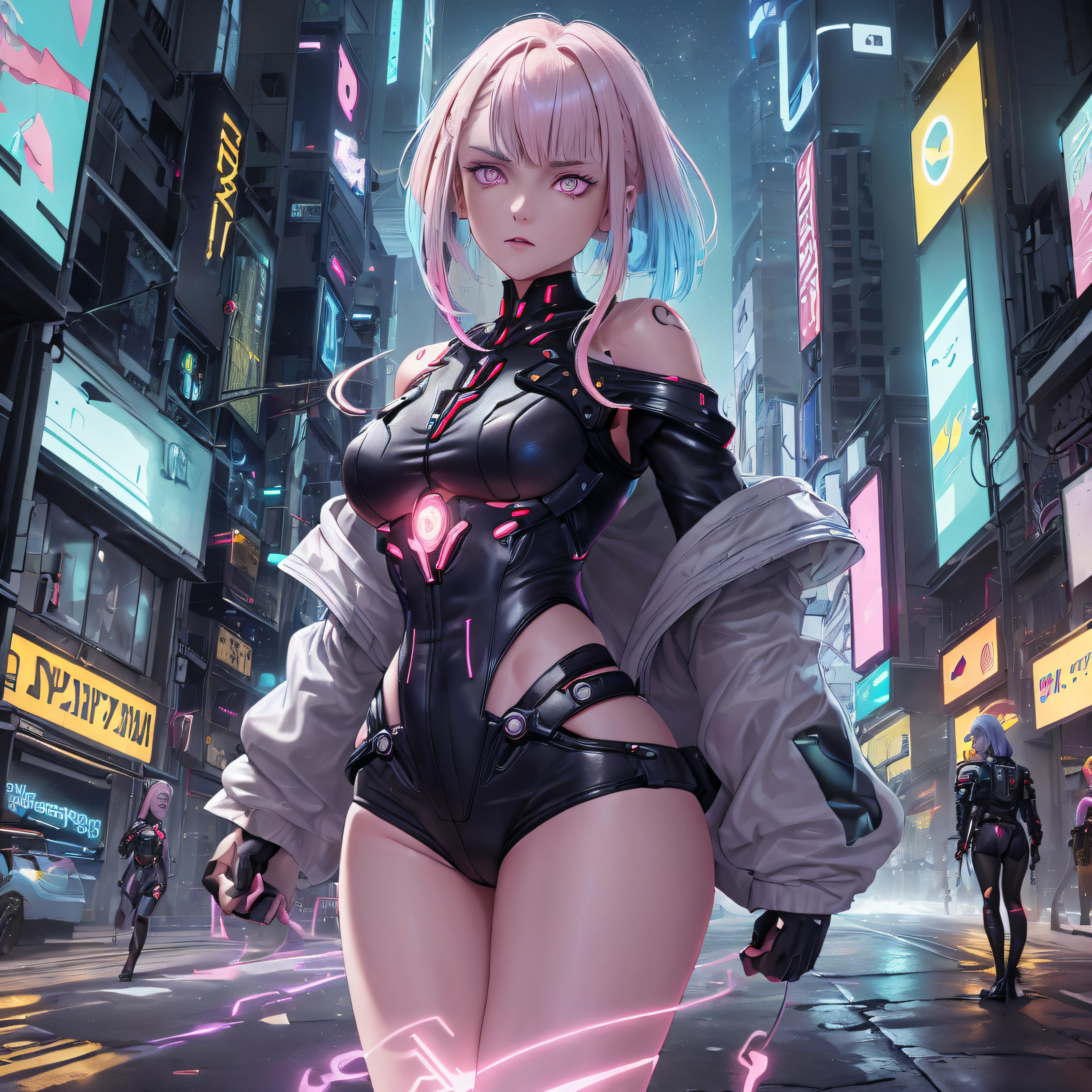 lucy, asymmetrical hair, cyberpunk, cyborg, gradient hair, medium hair, multicolored hair, parted bangs, pink hair, (white hair:1.2), (pink eyes:1.5), (pink eyes:1.5), bare hips, bodysuit, jacket, leotard, monowire, off shoulder, off-shoulder jacket, open clothes, open jacket, skindentation,bare hips, bodysuit, jacket, leotard, monowire, off shoulder, off-shoulder jacket, open clothes, open jacket, skindentation, Full body image with rope with yellow LED lighting in the hands, corpo (nu) perfect and athletic, cintura fina, seios redondinhos empinado (mamilos amostra), quadril definido, coxas definida, com tatuagem de nome rog, no ombro direito, fonte arte cyberpunk 2077, na cor vermelha, gravada na pele, Lucy \(cyberpunk\), panos leve e transparente, (No fundo, uma cidade futurista em guerra, with Skyscrapers, Lagos, arvores e outdoor em LED Amarelo, azul, with clear illumination of the midday sun, na cor RGB, Vehicles of the future flying over the city, dentro da rodovia virtual que tem faixa na cor laranja, Foco claro, Fluency, alto detalhe