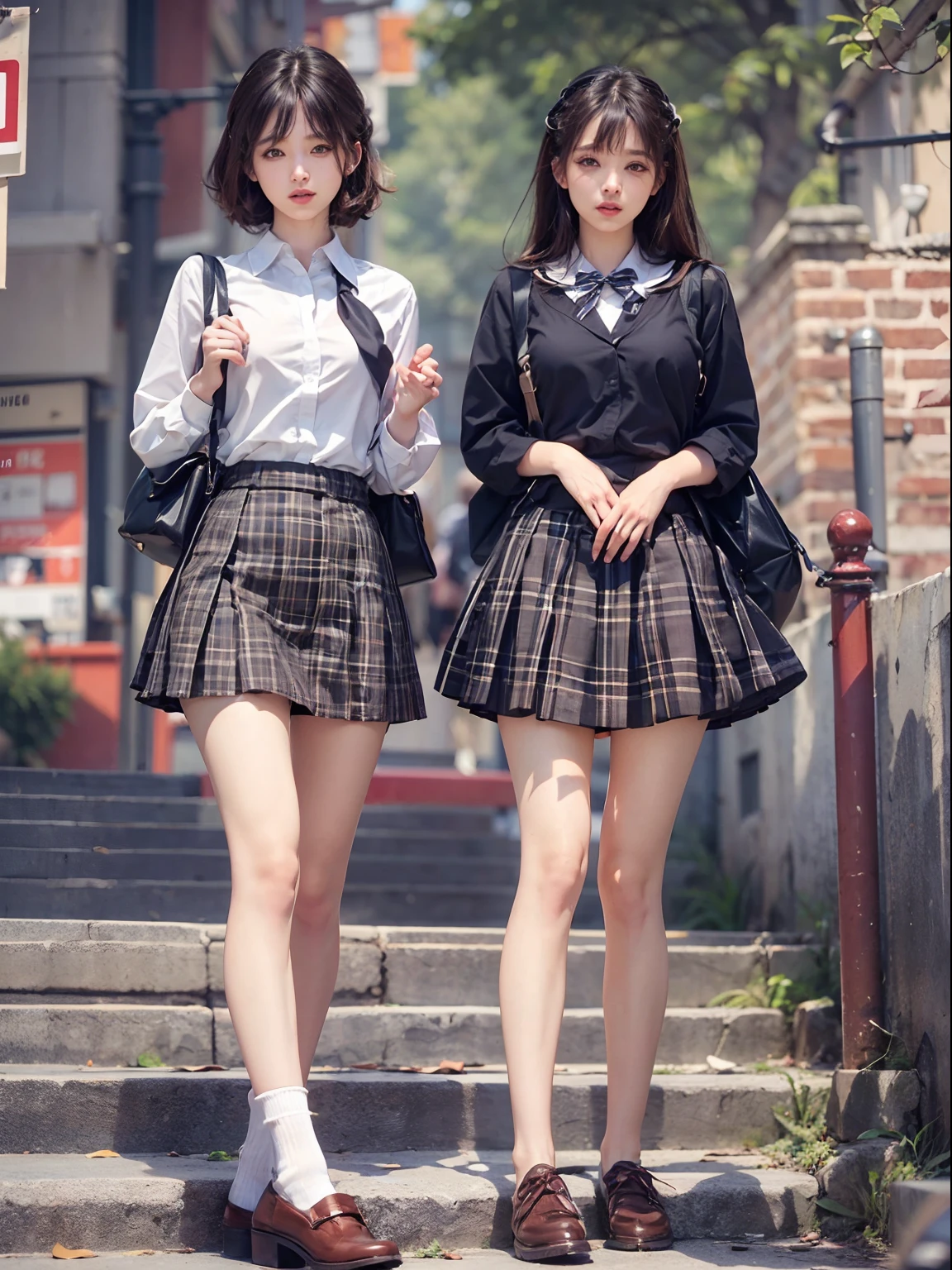 nsfw, 2girls, nude, full body, school girls, (masterpiece: 1.4), (8K, realistic, raw photo, best quality: 1.4), school uniform, skirtlift, legs open, nipple areola shape clear, slit_pussy, beautiful breasts, Japanese girl, beautiful cute face, (real face: 1.4), perfect pussy, beautiful hairstyle, realistic brown eyes, beautiful detail eyes, (real skin: 1.3), beautiful skin, attractive, ultra high resolution, ultra realistic, cinematic lighting, black colored hair, short hair, modern city street