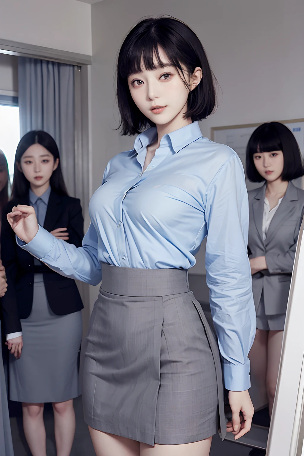 masutepiece, Best Quality, bob cuts、Five girls in the classroom,(5 people standing:1.2),Standing,20s, Looking at Viewer,l Group shot, harems,nffsw,Underwear,(pantiy),Realistic,OL pose,(Gray suit and pink shirt) ,(Gray tight skirt),(Looking back, ass grab:0.9),(Beautiful eyes:1.3),frombelow,From below,Kinney,(skinny:1.2) ,thick-eyed thighs, Long body, novel illustration,(Smelly eyes:0.5),closed curtains,(shirts lift,lifted by self:1.5) ,Dark Persona.Skirt lift front,(Panties:1.3),