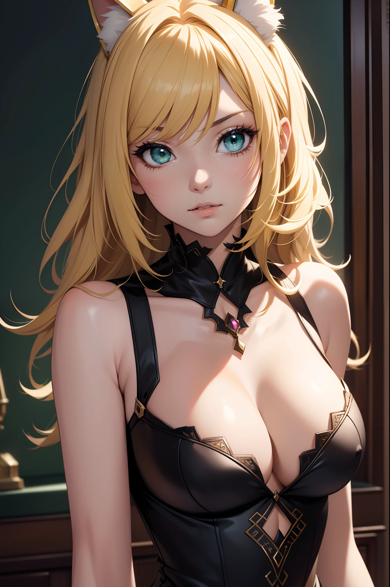 8K, 32K, Masterpiece, Close-up, female anime character, anime style character, Action anime girl woman, detailed anime character art, Epic anime style, Realistic anime art style, Portrait of female anime heroine, Professional makeup, ((large breasts)), (Seductive pose), Sexy, beautiful white face shining, Beautiful face, Pink cheeks, Beautiful lips, Porcelain skin, detail intricate, Super detailed, highest details, high detail, Delicate, incredibily detailed, finedetail, Cinematic lighting, Top quality, Masterpiece, smooth and beautiful, CG , Unity, 8K wallpaper, Stunning, finedetail, unity CG wallpaper 8k ultra detailed, Large file size, Ultra detailed, high resolution, Incredible detail, stunning detailed, Depth of field, oil painting effect in Rembrandt art style, concept portrait art in Stanley Artgerm Lau style, Phlegm sputum, phlegm, Epic, tDetailed digital painting, very high quality models, Yellow hair, Short hair, Green eyes, backdrop, armpit, animal ears, bangs, dynamic pose,